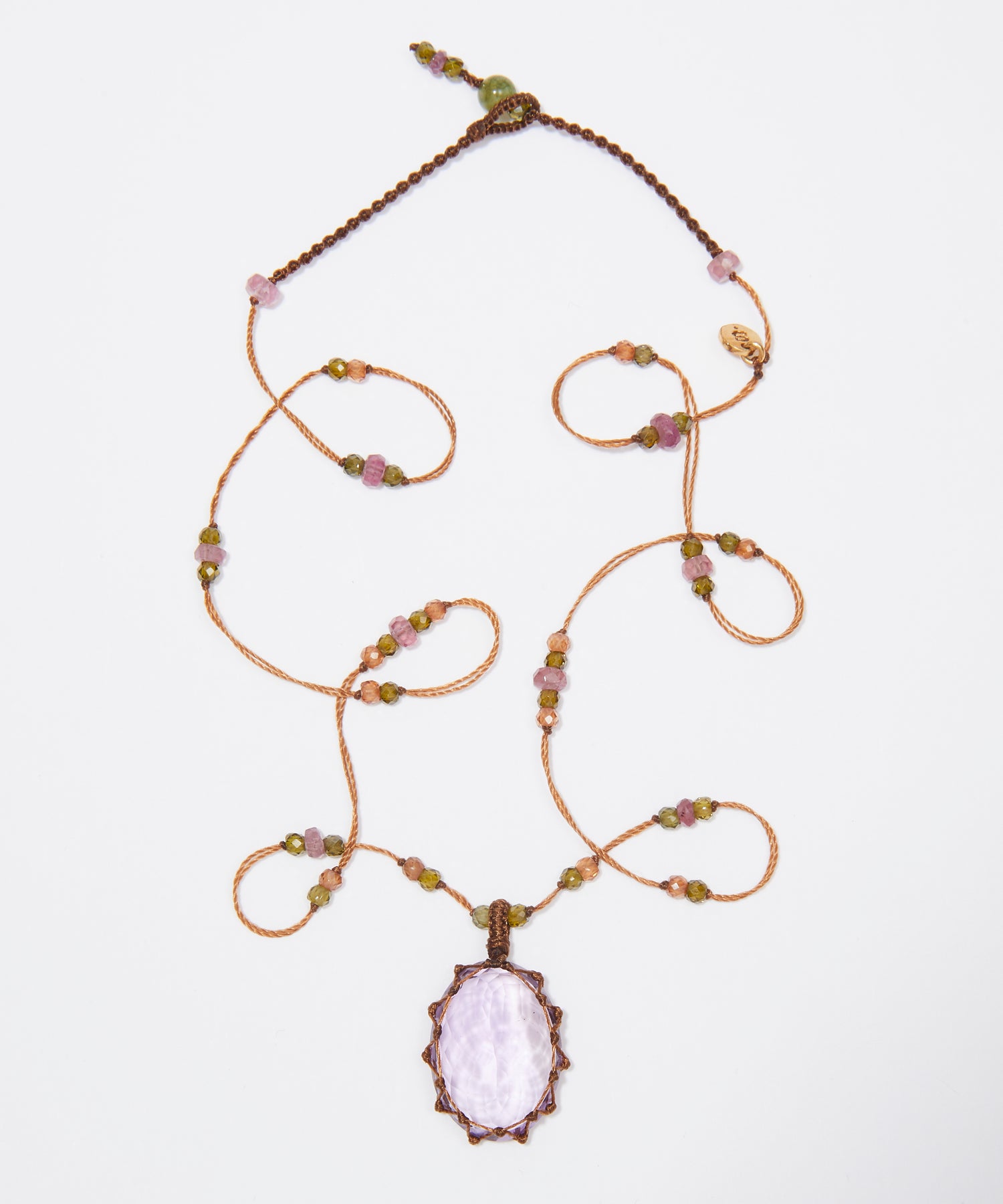 Collier Court Tibétain - Améthyste Violette Claire - Mix Tourmaline Rose - Fil Tabac