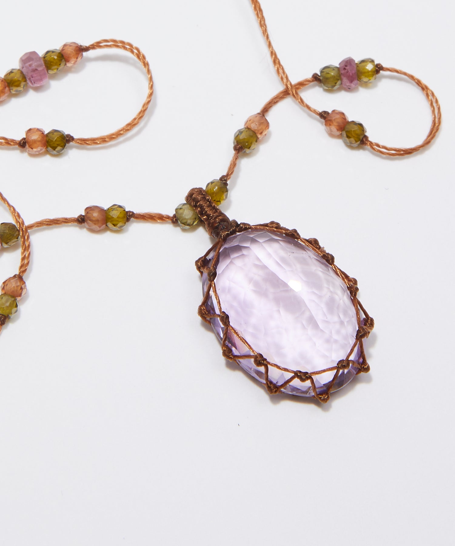 Collier Court Tibétain - Améthyste Violette Claire - Mix Tourmaline Rose - Fil Tabac