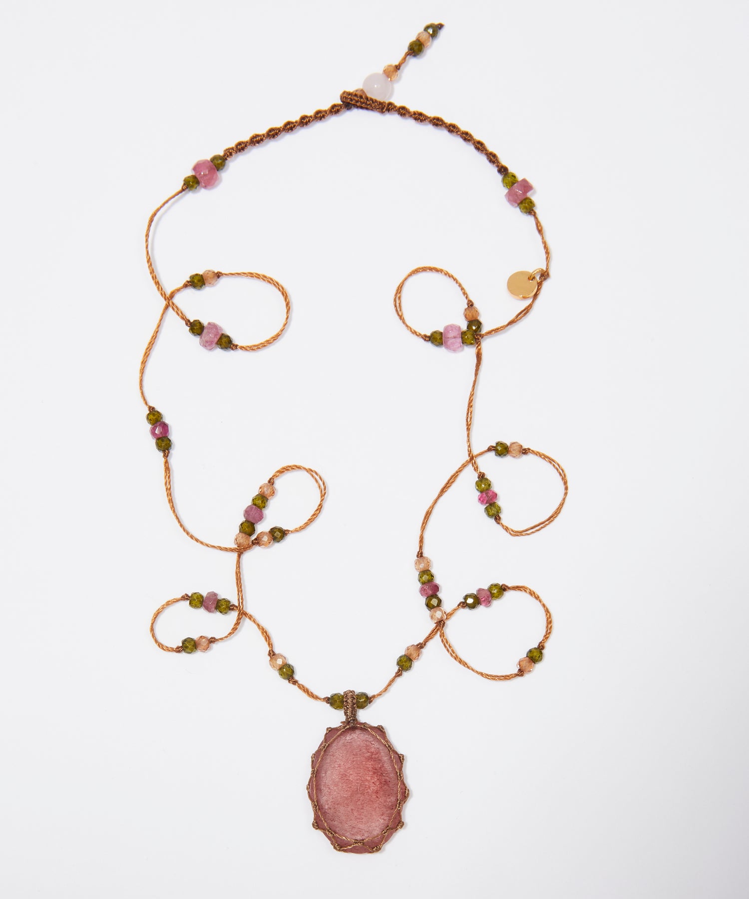 Collier Court Tibétain - Strawberry Quartz Rose - Mix Tourmaline Rose - Fil Tabac