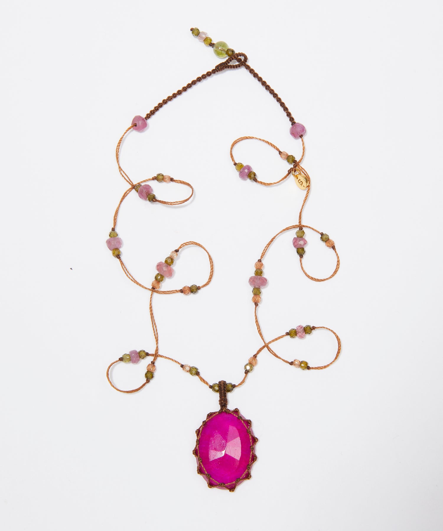 Collier Court Tibétain - Rubellite Rose - Mix Tourmaline Rose - Fil Tabac