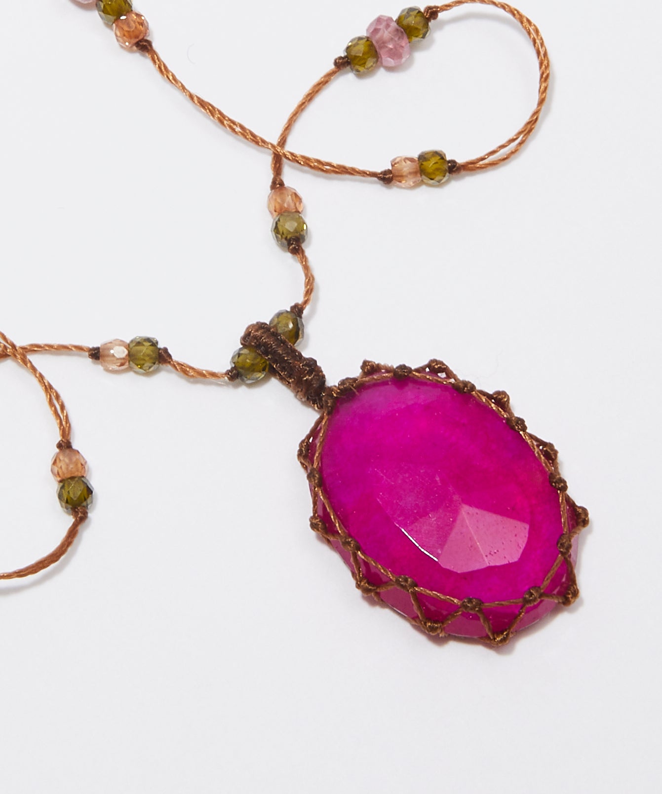 Collier Court Tibétain - Rubellite Rose - Mix Tourmaline Rose - Fil Tabac