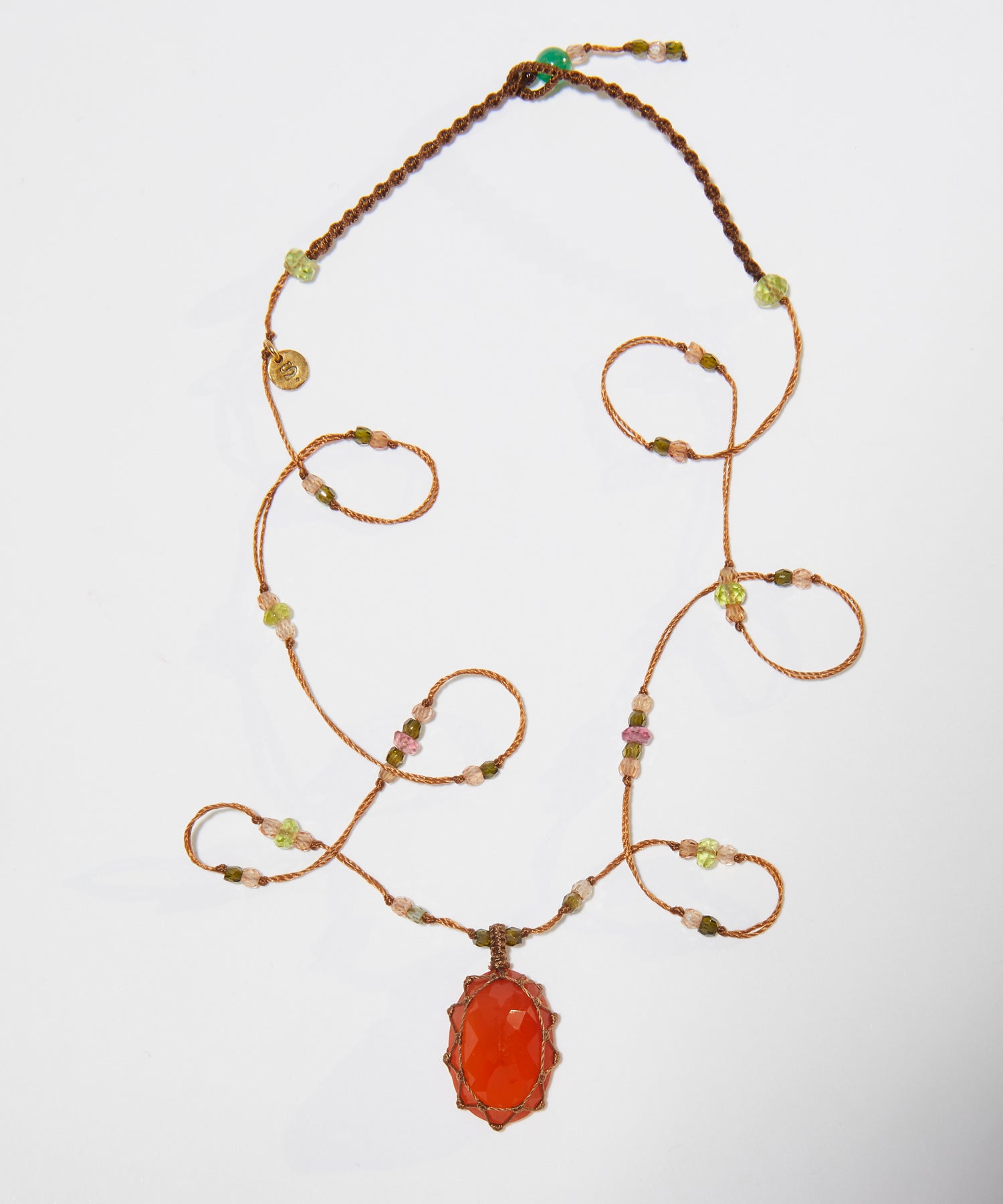 Short Tibetan Necklace - Orange Onyx - Mix Pink Tourmaline - Tobacco Thread