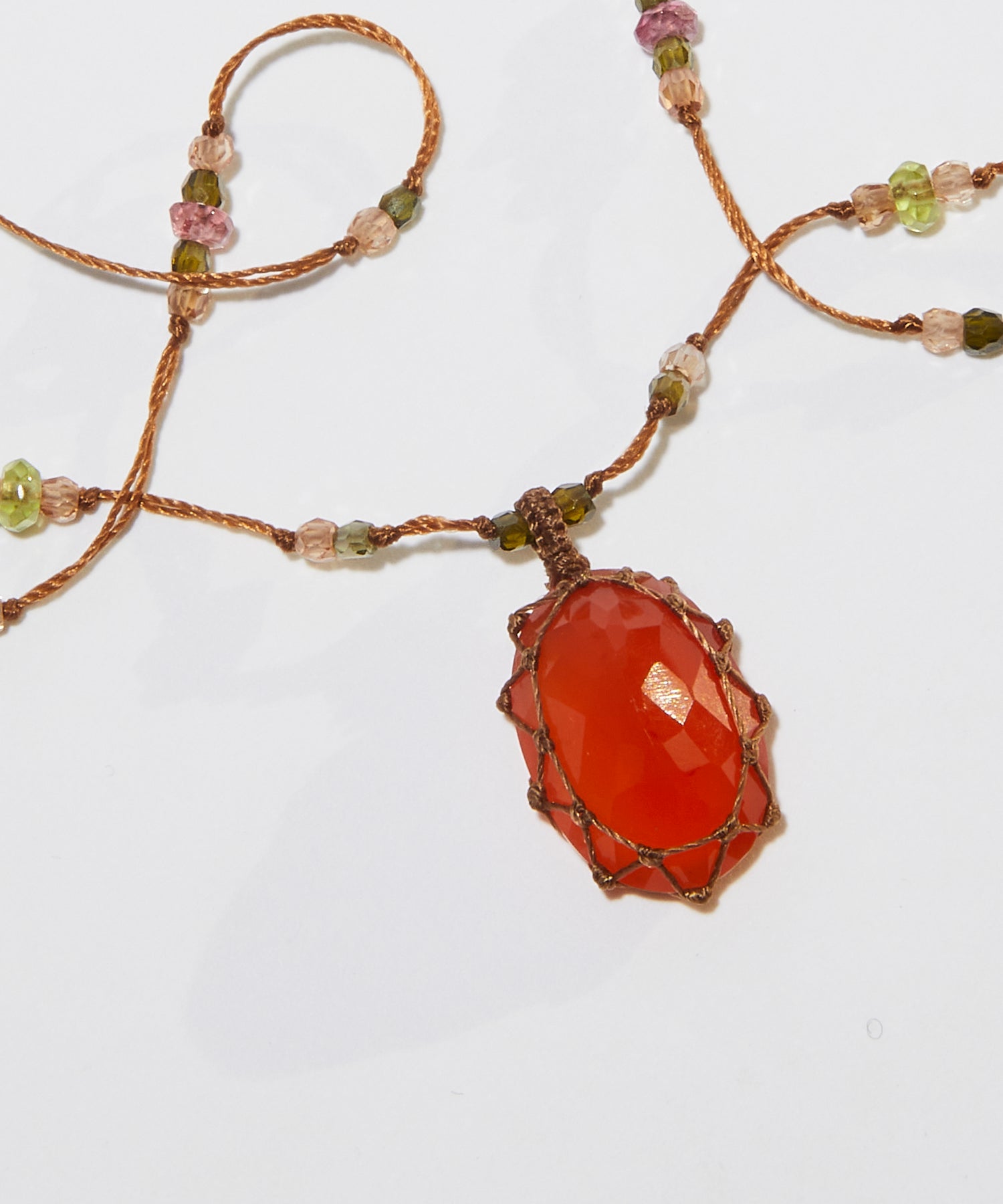 Short Tibetan Necklace - Orange Onyx - Mix Pink Tourmaline - Tobacco Thread