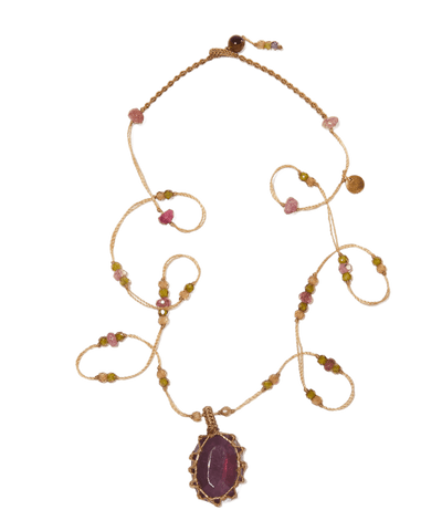 Short Tibetan Necklace - Red Corundum Glassfilled - Mix Tourmaline - Beige Thread