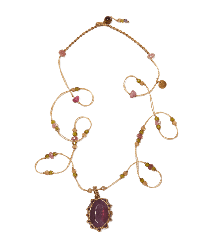 Short Tibetan Necklace - Red Corundum Glassfilled - Mix Tourmaline - Beige Thread