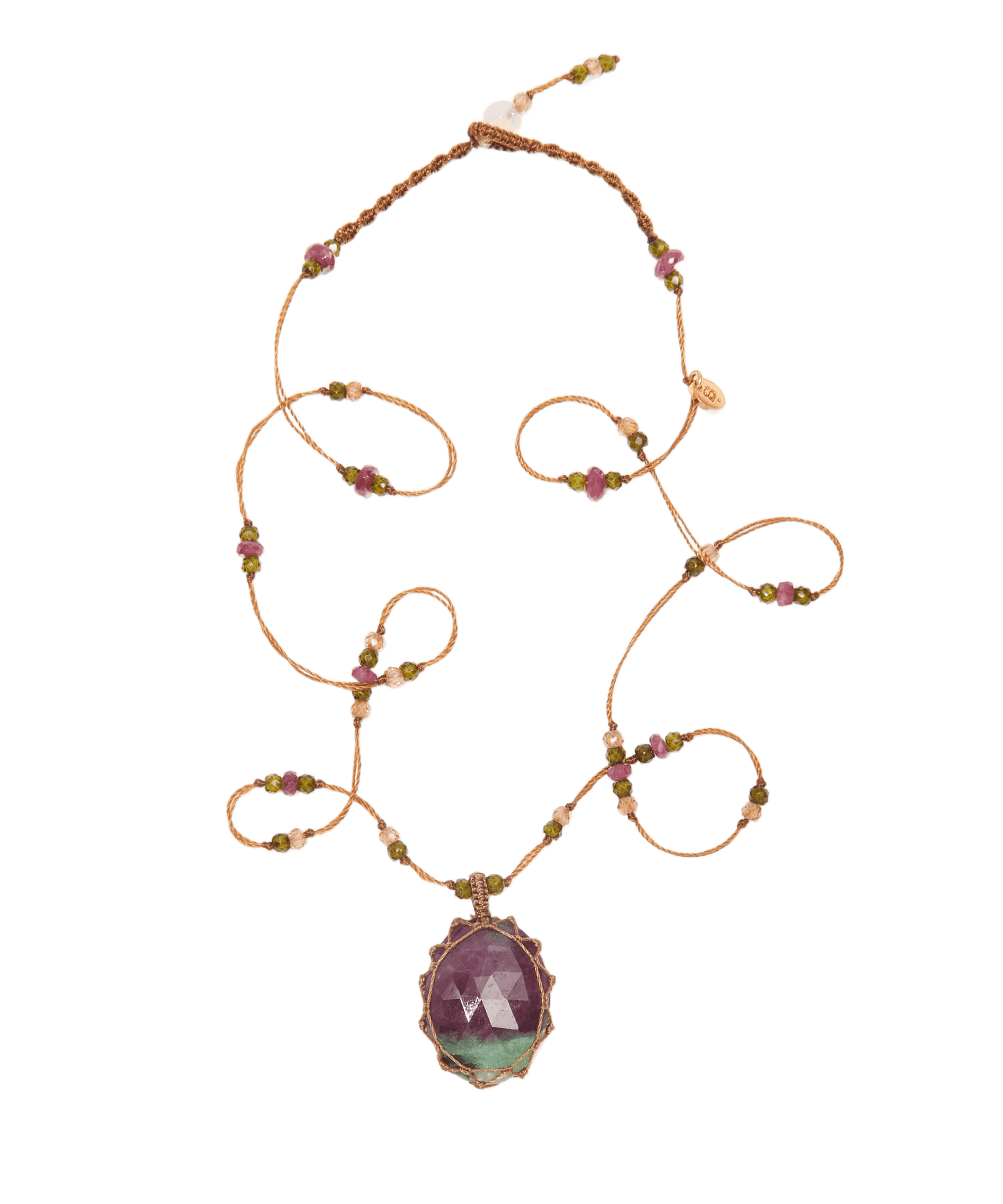 Short Tibetan Necklace - Ruby Zoïsite - Mixed Tourmaline - Tobacco Thread