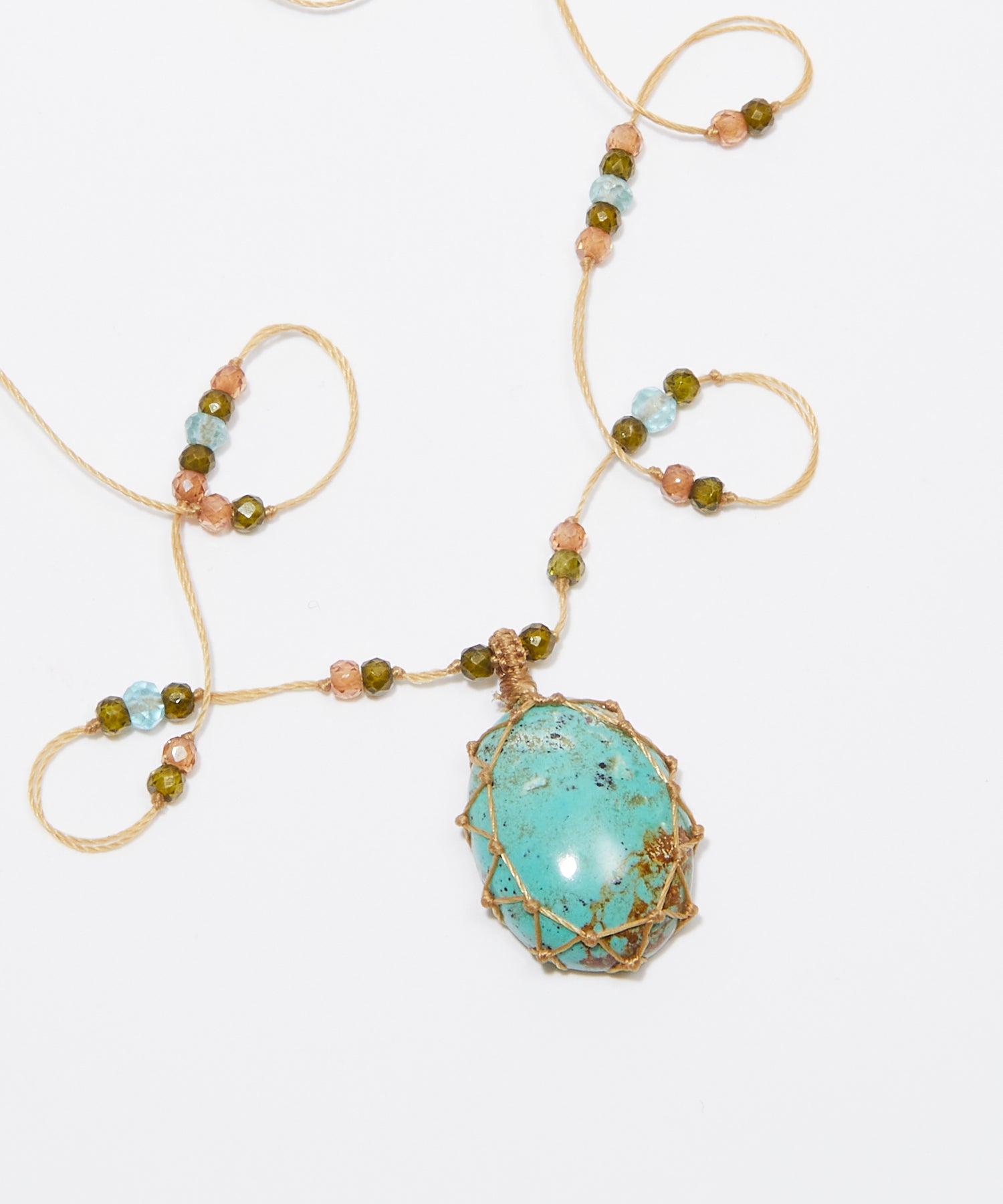 Collier Court Tibétain - Turquoise - Mix Aigue Marine - Fil Beige