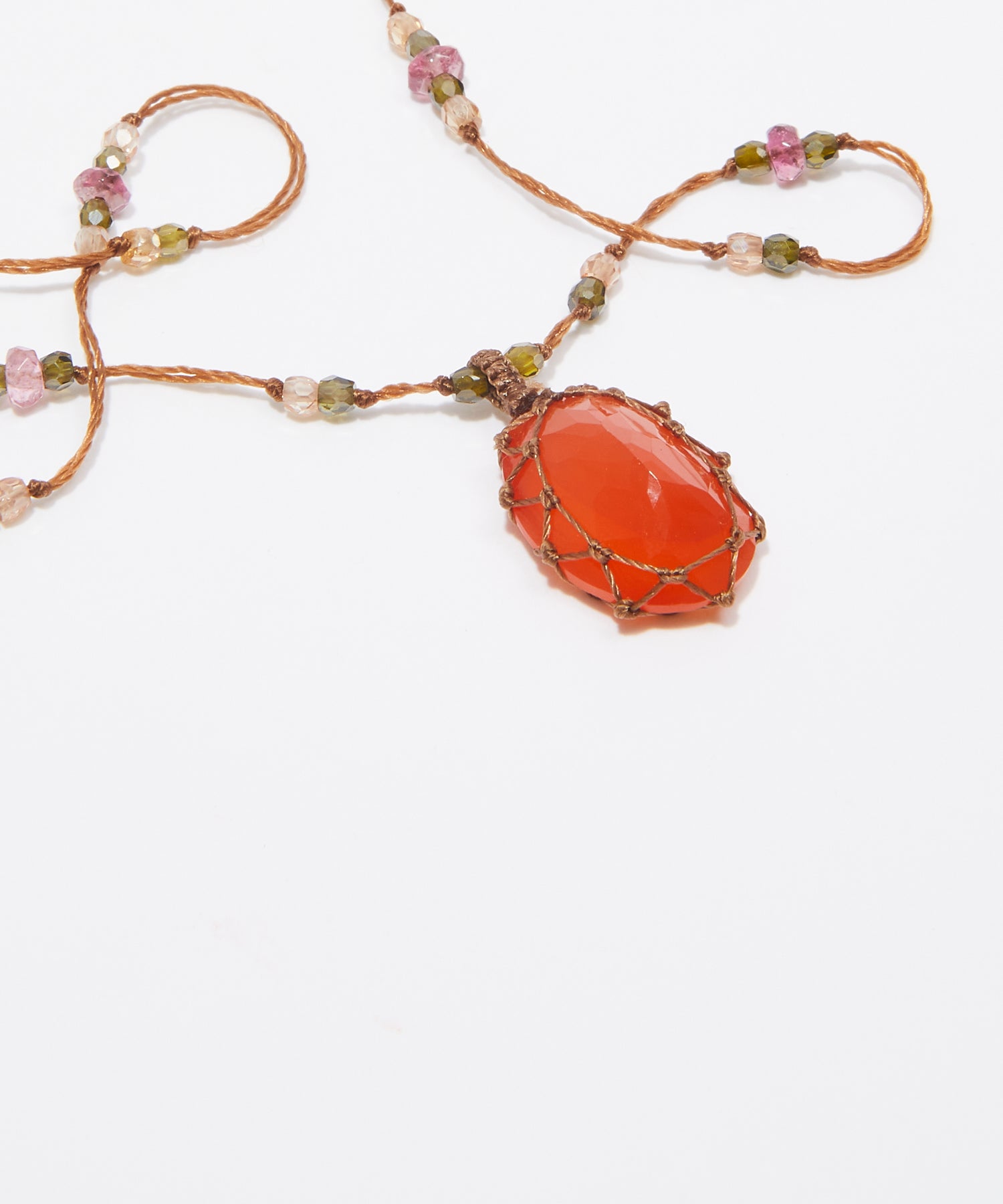 Collana Tibetana Corta - Onice Arancio - Mix Tormalina Rosa - Filo di Tabacco