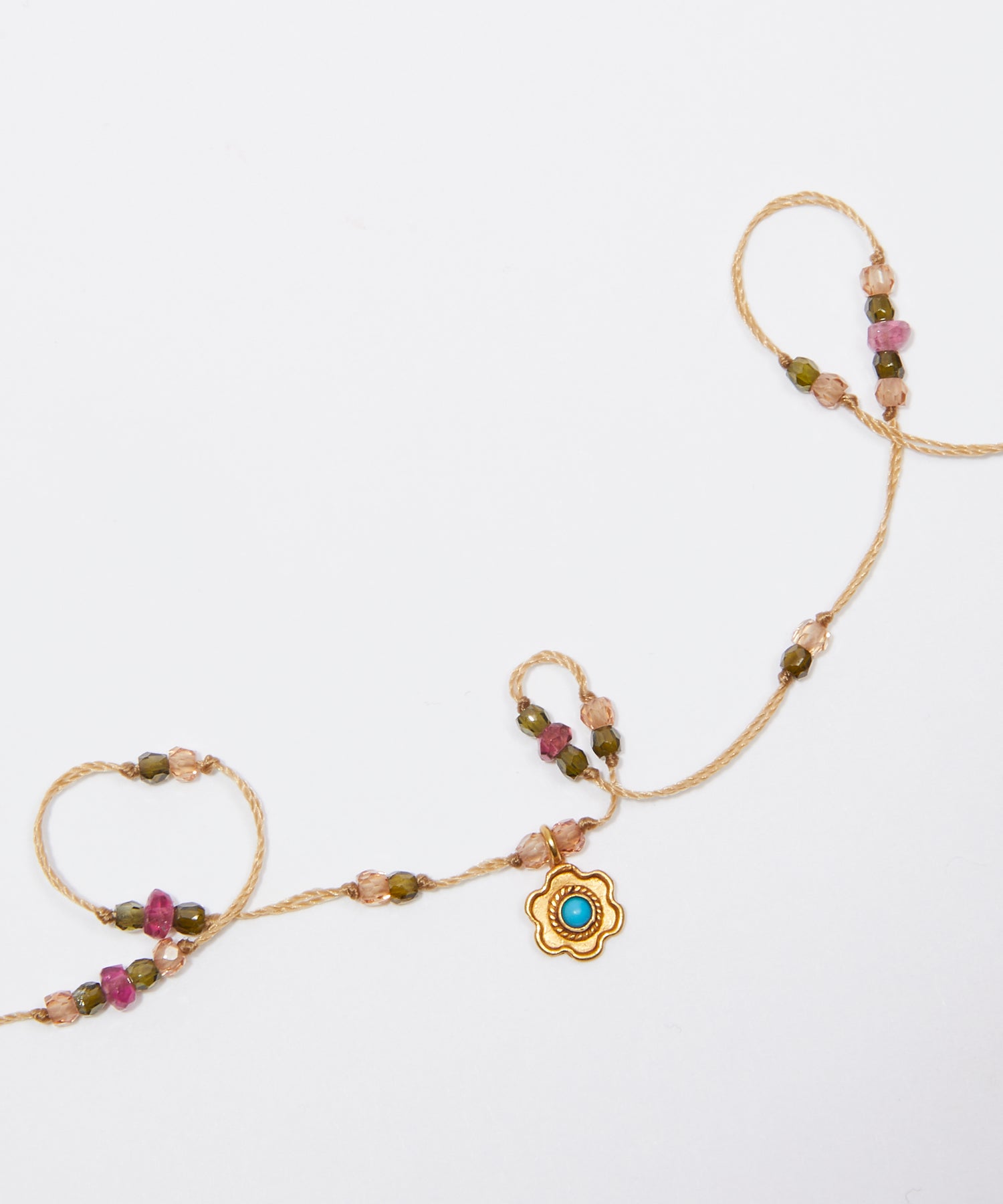 Goldie Flower Necklace - Turquoise - Mix Pink Tourmaline - Beige Thread