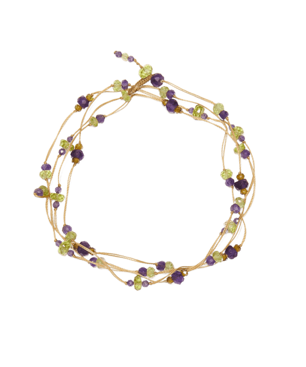 Collier & Bracelet Loopy Duo - Péridot & Violets - Fil Beige