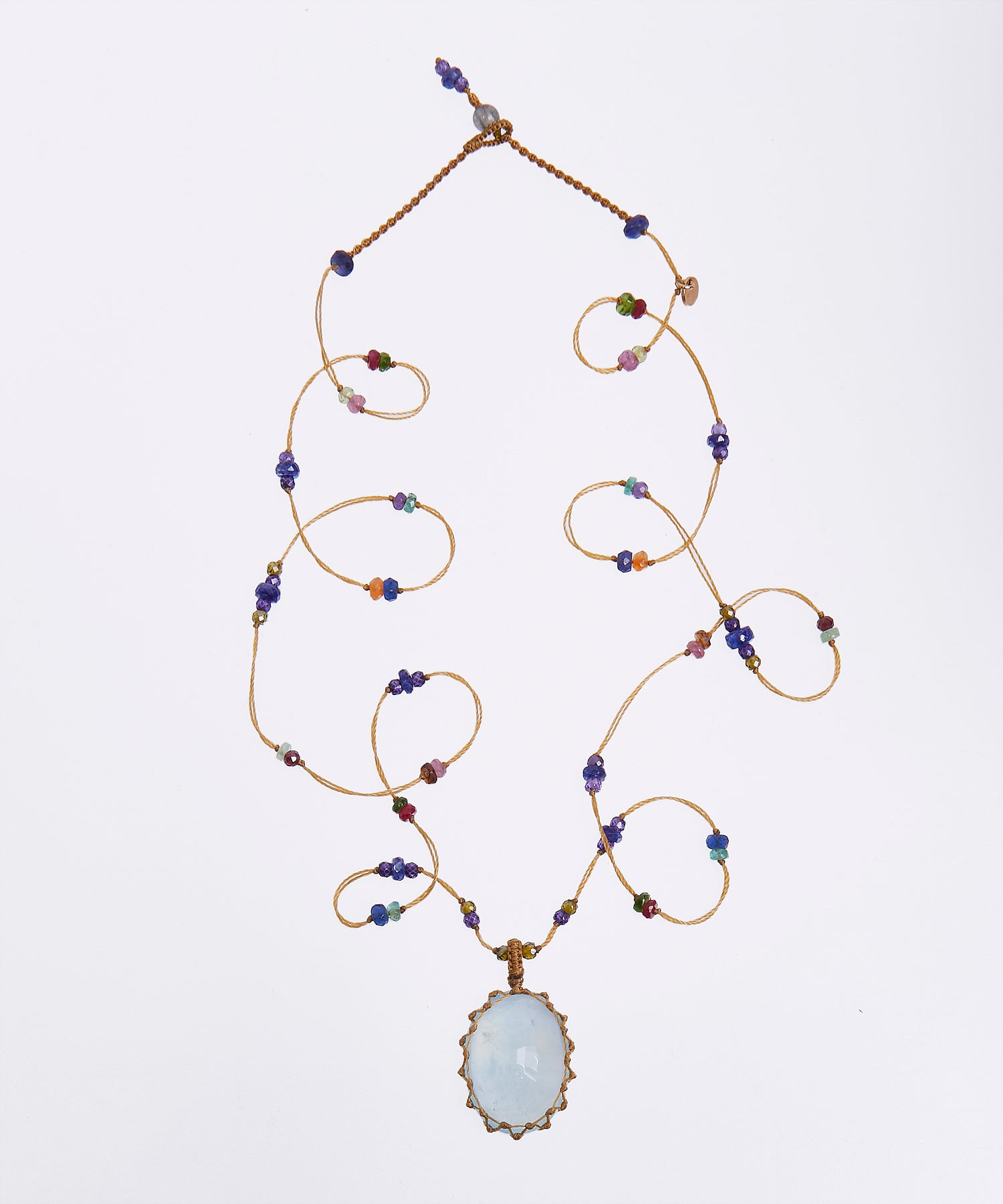 Tibetan Long Necklace - Blue Aquamarine - Mix Multi Stones - Tobacco Thread