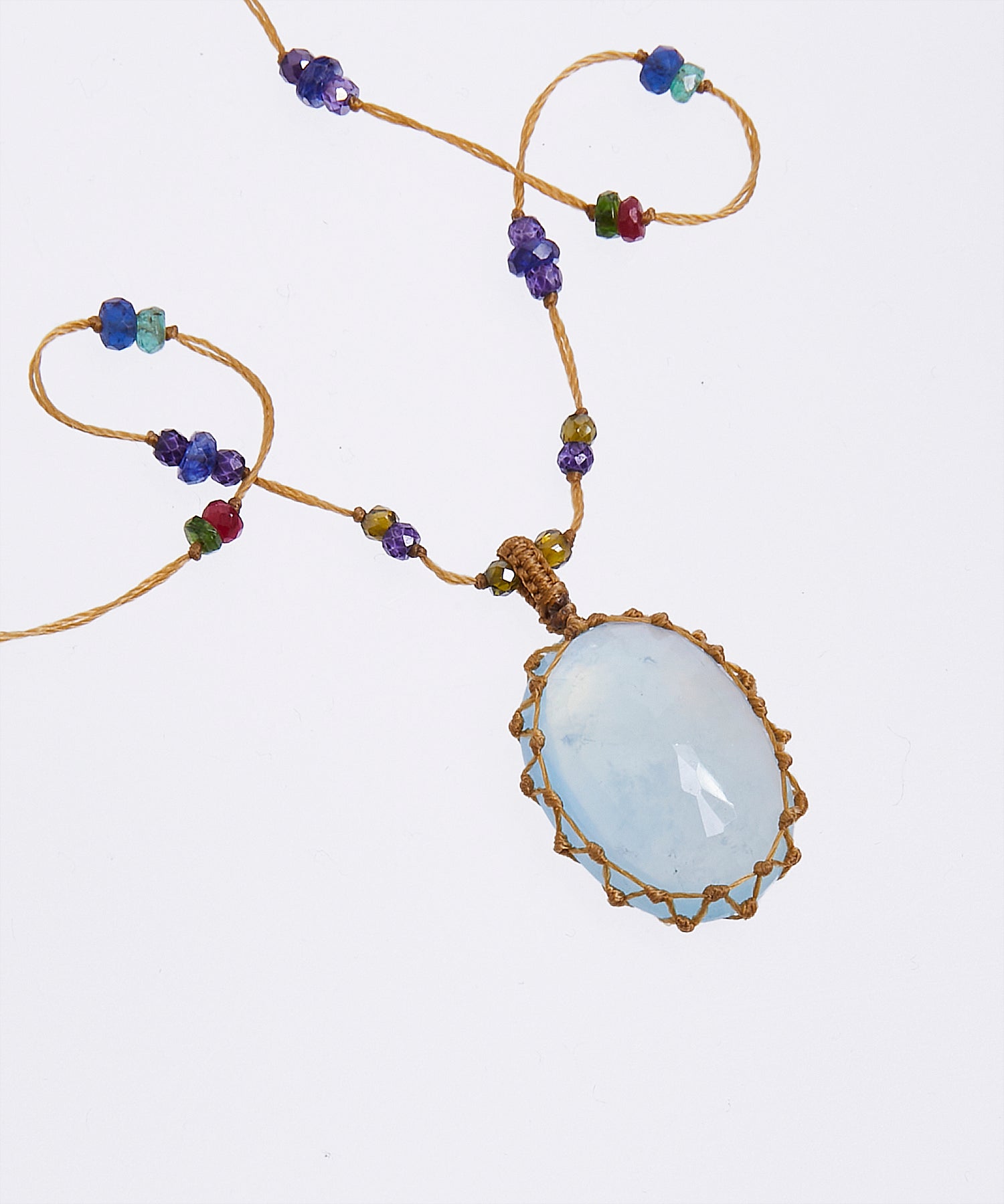 Tibetan Long Necklace - Blue Aquamarine - Mix Multi Stones - Tobacco Thread