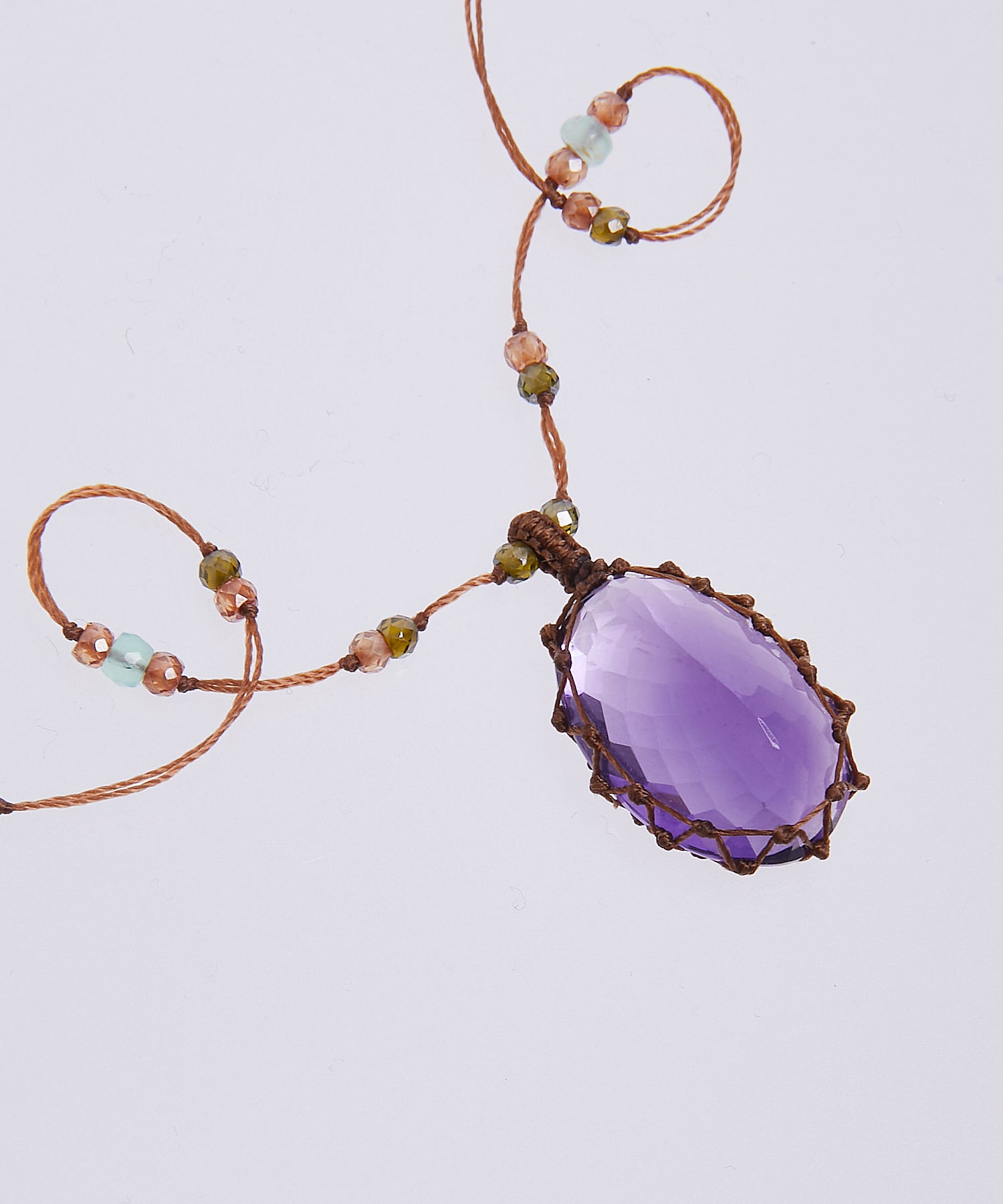 Collier Court Tibétain - Améthyste Violette Foncée - Mix Aigue-Marine - Fil Tabac