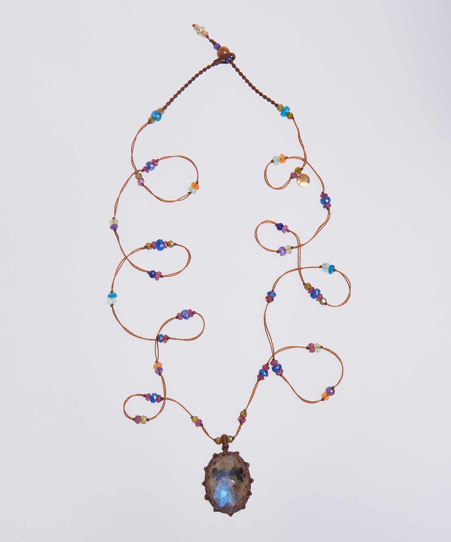 Tibetan Long Necklace - Blue Fire Labradorite - Mix Multi Stones - Beige Thread