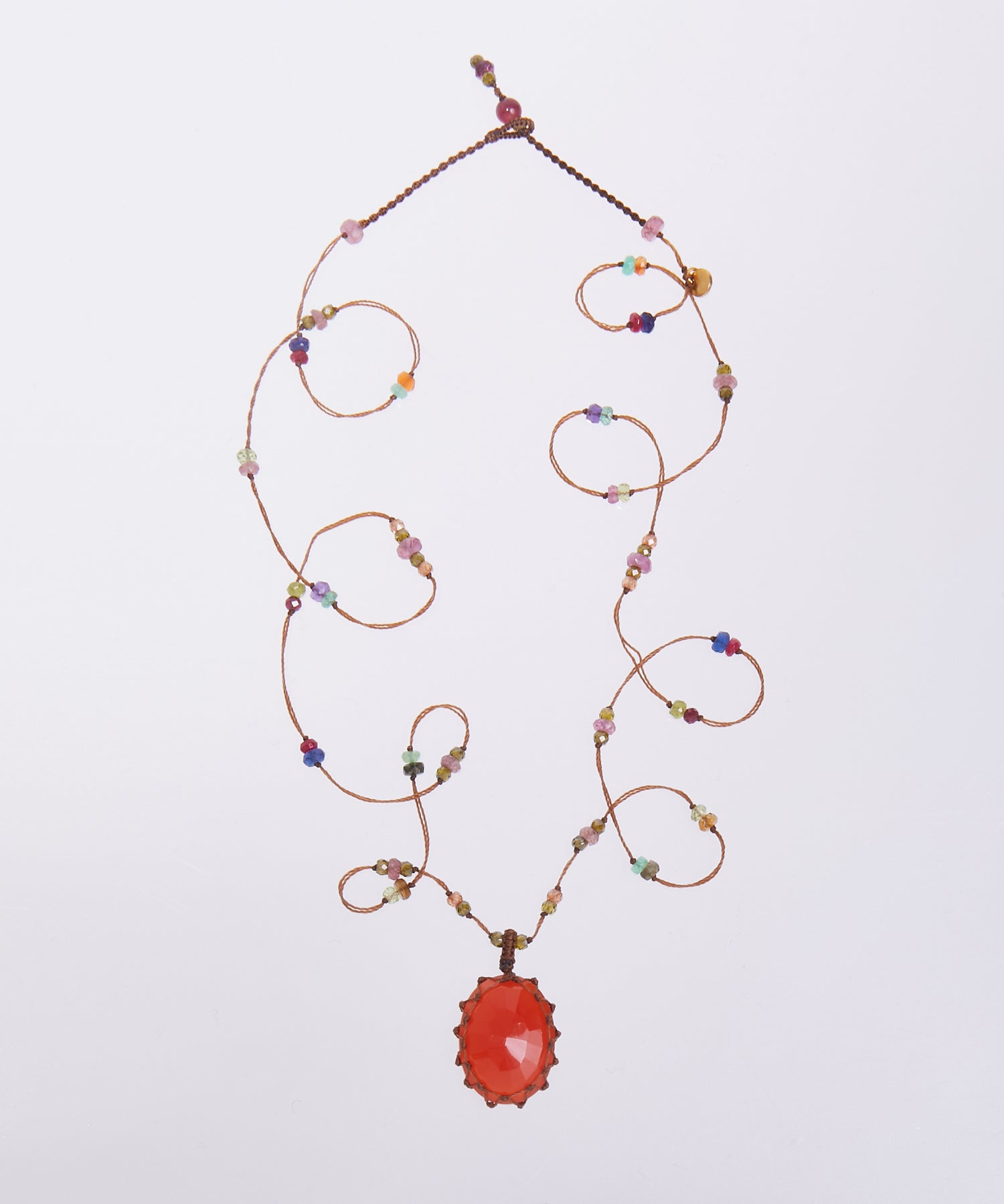 Short Tibetan Necklace - Orange Onyx - Mix Pink Tourmaline - Tobacco Thread