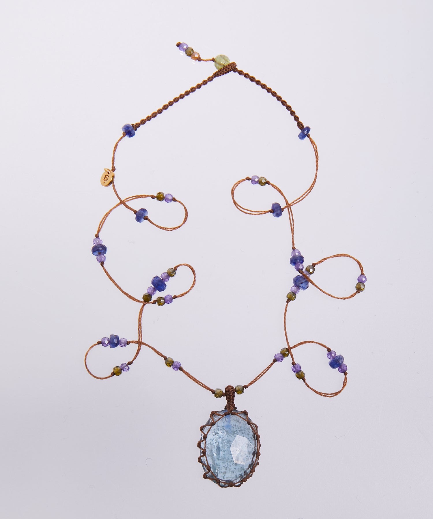 Collier Court Tibétain - Kyanite Aqua - Mix Saphir - Fil Tabac