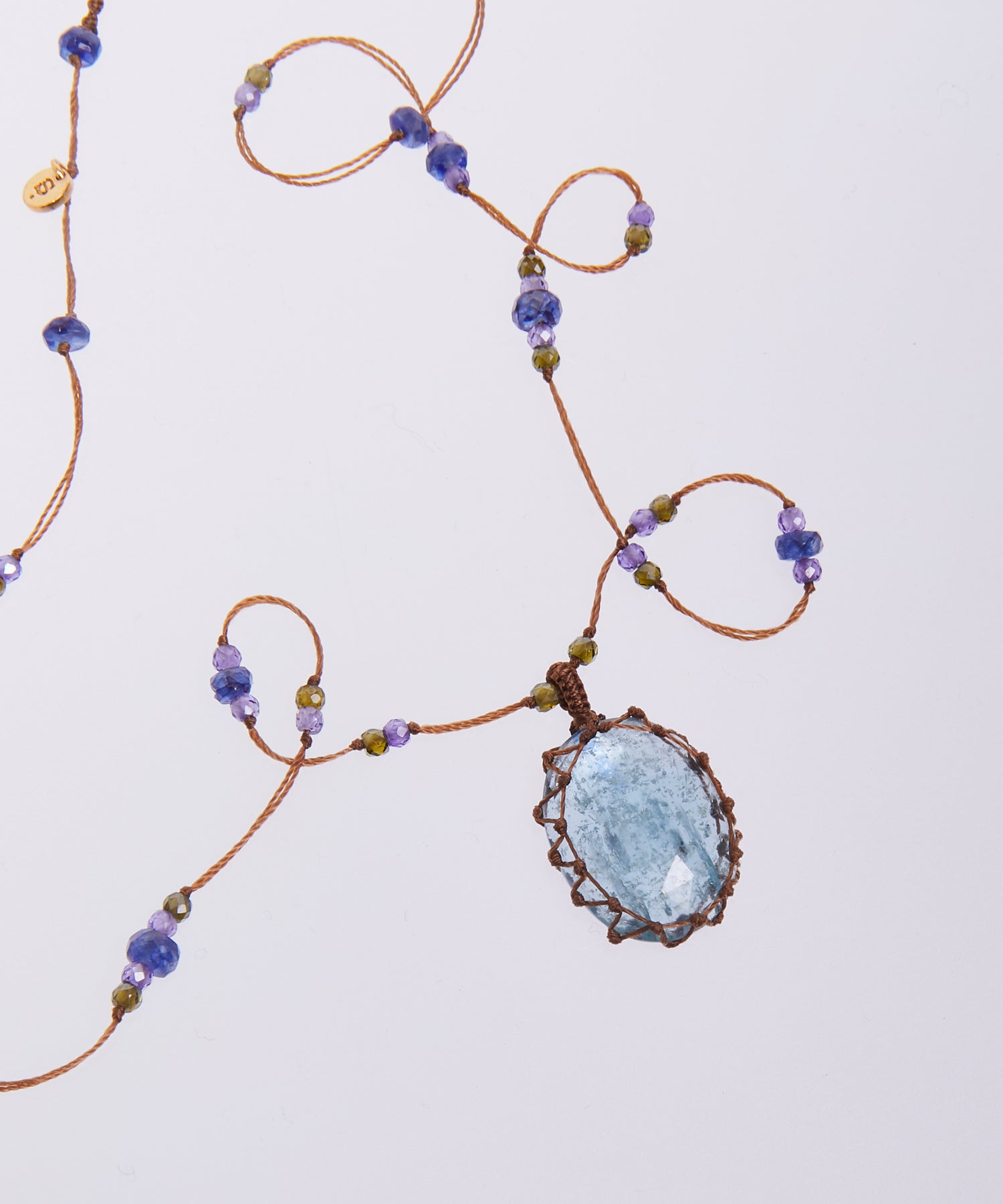 Collier Court Tibétain - Kyanite Aqua - Mix Saphir - Fil Tabac