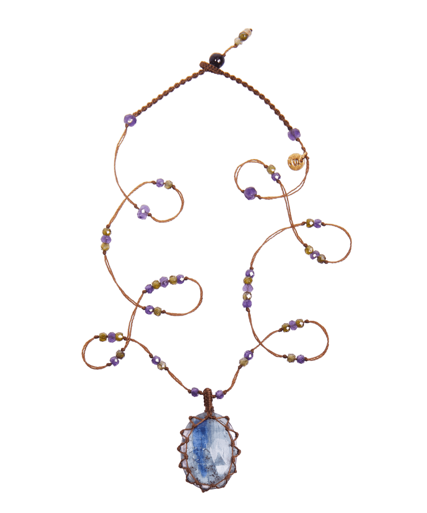 Collier Court Tibétain - Kyanite - Mix Améthyste - Fil Tabac