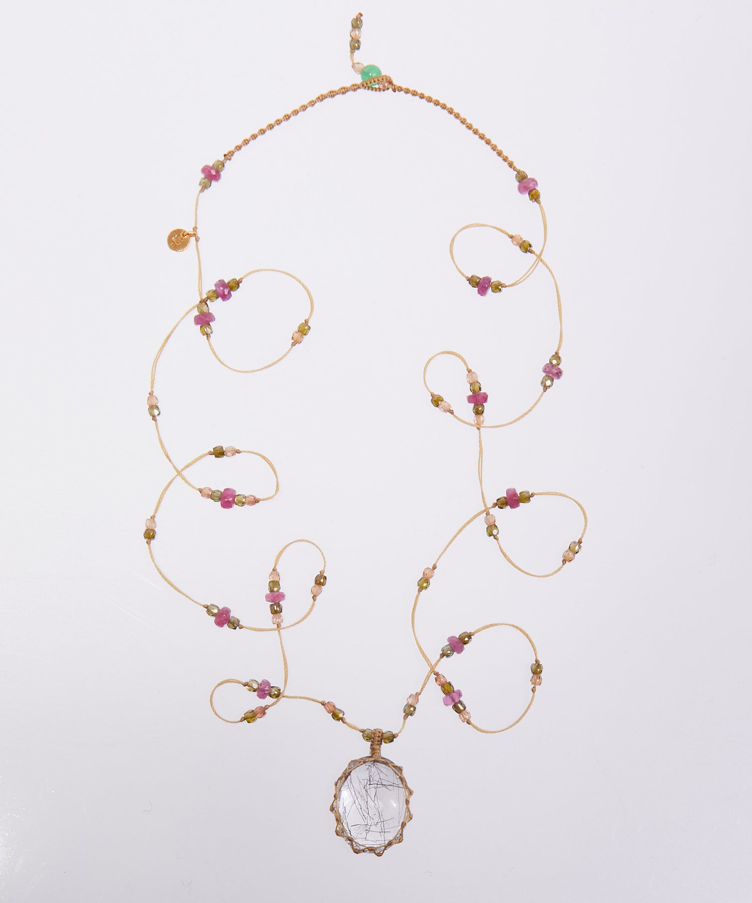 Tibetan Long Necklace - Rutile Gold - Mix Pink Tourmaline - Beige Thread