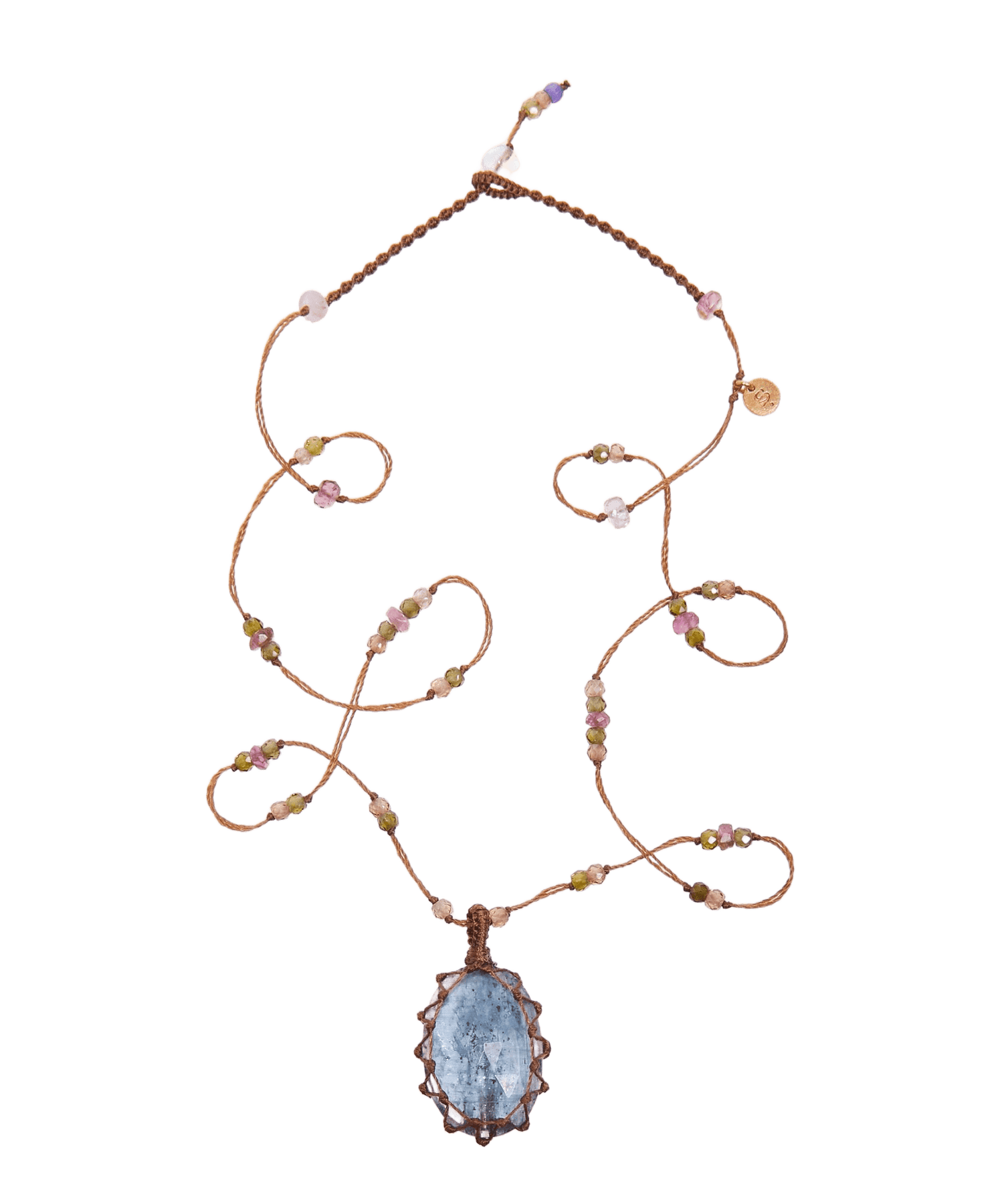 Collier Court Tibétain - Kyanite Aqua - Mix Tourmaline - Fil Tabac