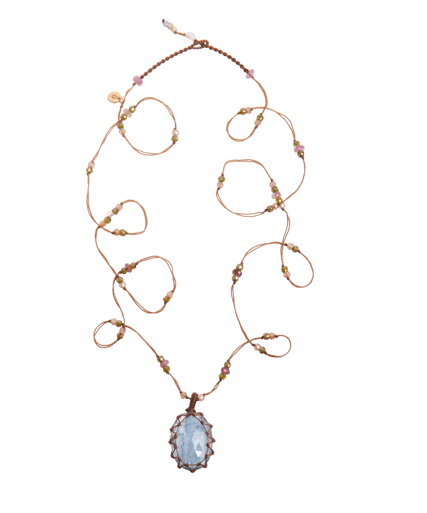 Long Tibetan Necklace - Aqua Kyanite - Mixed Tourmaline - Tobacco Thread