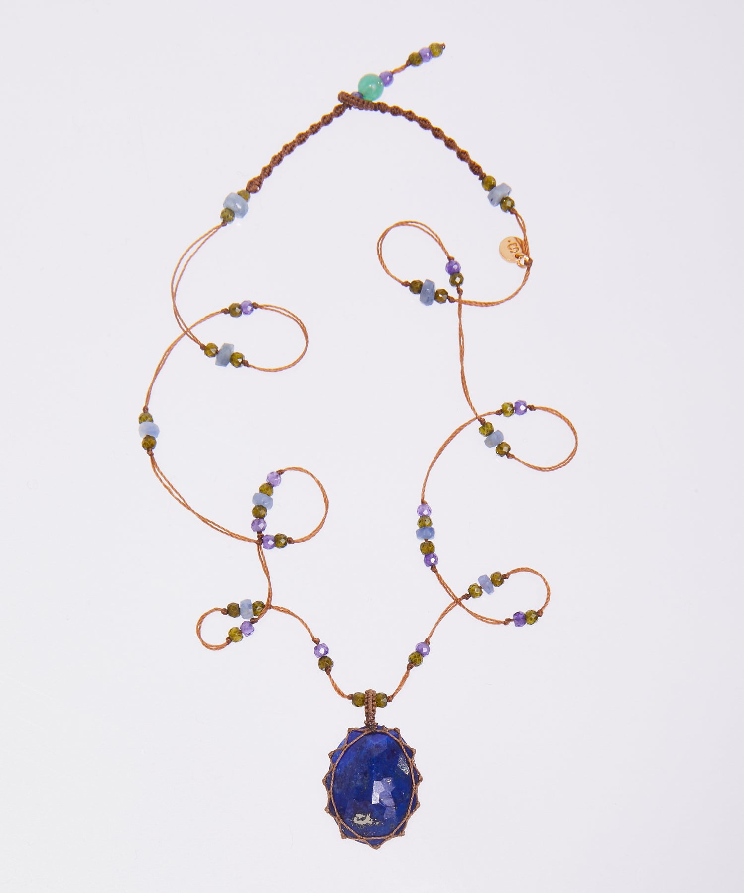 Tibetan Short Necklace - Lapis Lazuli - Amethyst Mix - Tobacco Thread