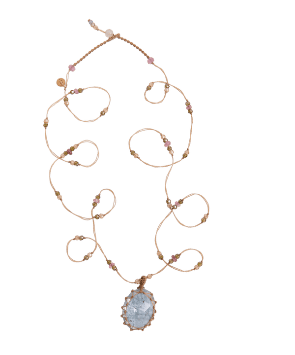 Sautoir Tibétain - Kyanite Aqua - Mix Tourmaline - Fil Beige