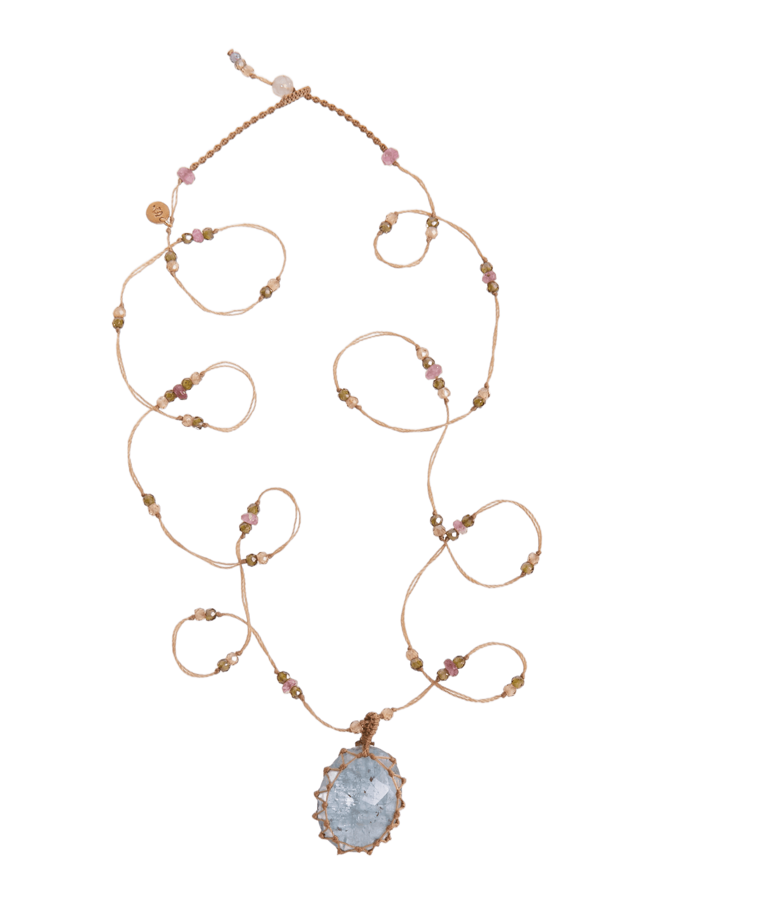 Long Tibetan Necklace - Aqua Kyanite - Mixed Tourmaline - Beige Thread