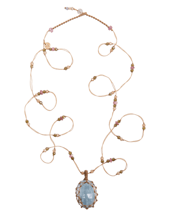 Sautoir Tibétain - Kyanite Aqua - Mix Tourmaline - Fil Beige