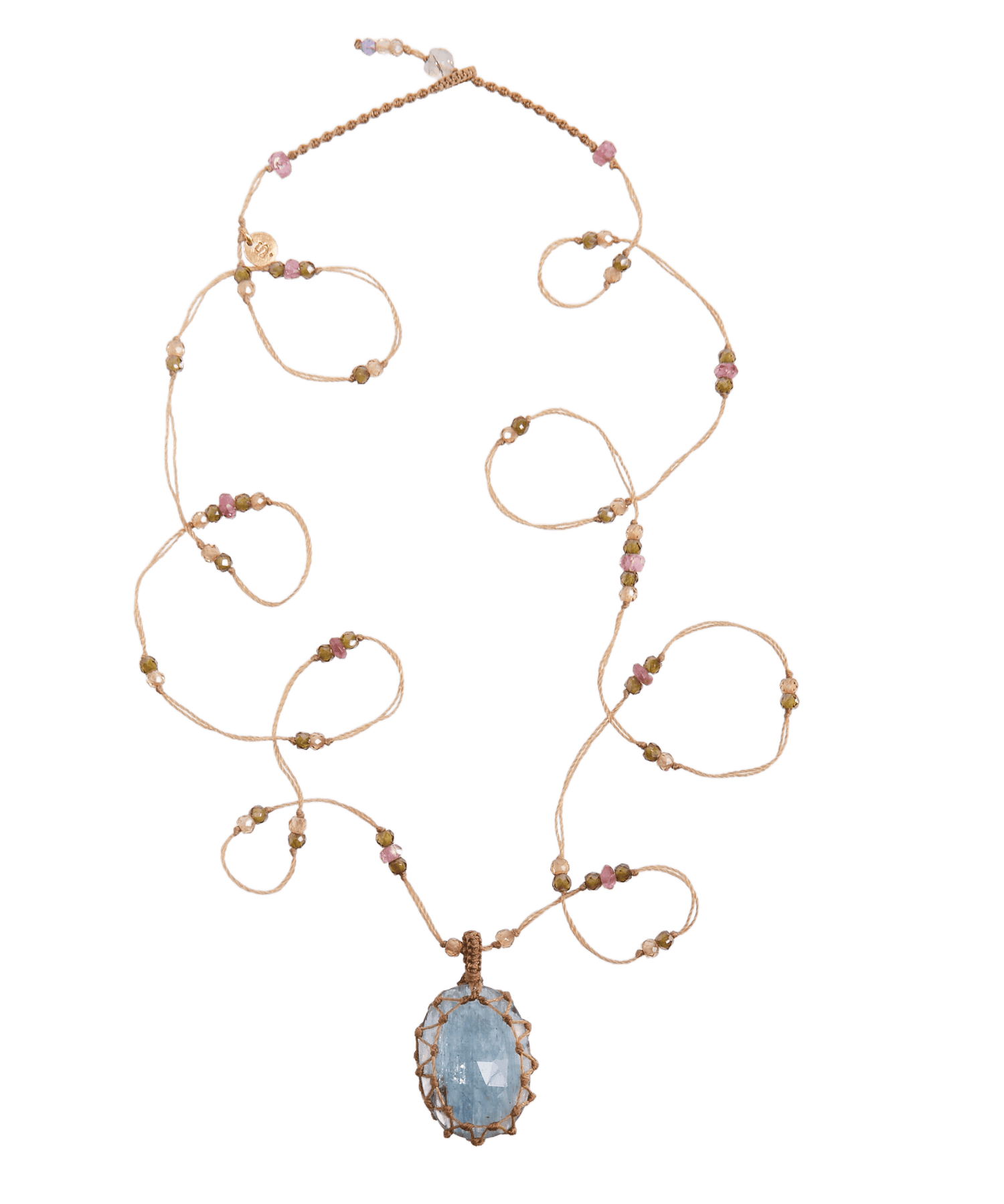 Tibetan Necklace - Kyanite Aqua - Mixed Tourmaline - Beige Thread