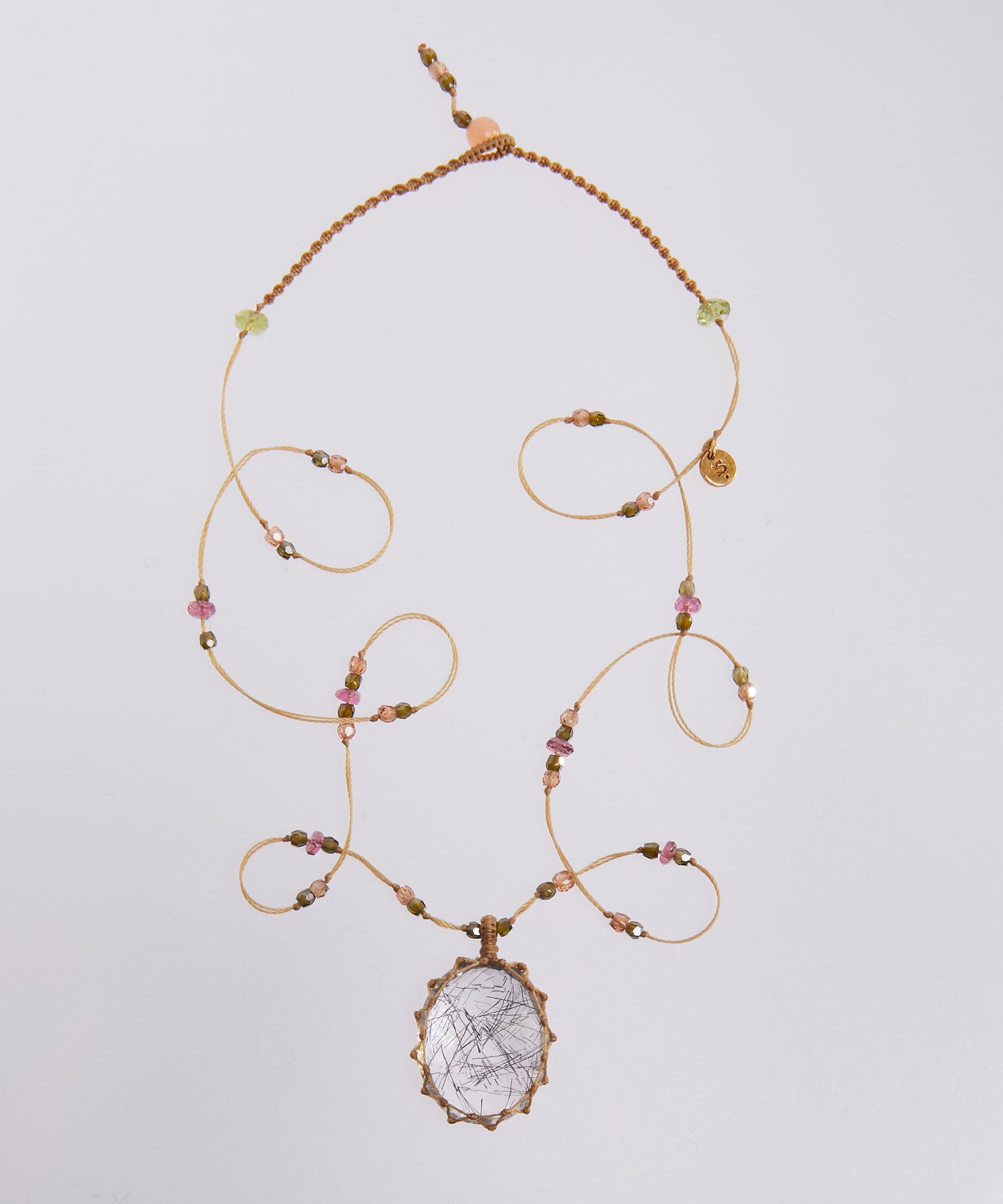 Collier Court Tibétain - Quartz Rutile Noir - Mix Tourmaline Rose - Fil Beige