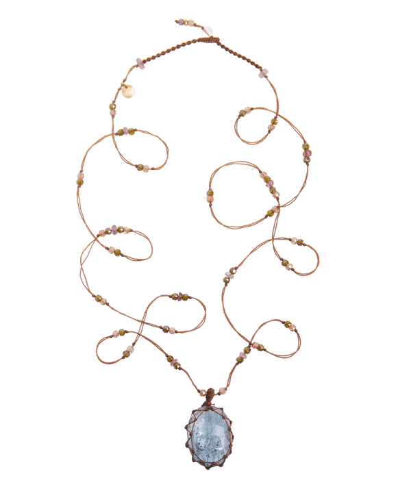 Sautoir Tibétain - Kyanite Aqua - Mix Tourmaline - Fil Tabac