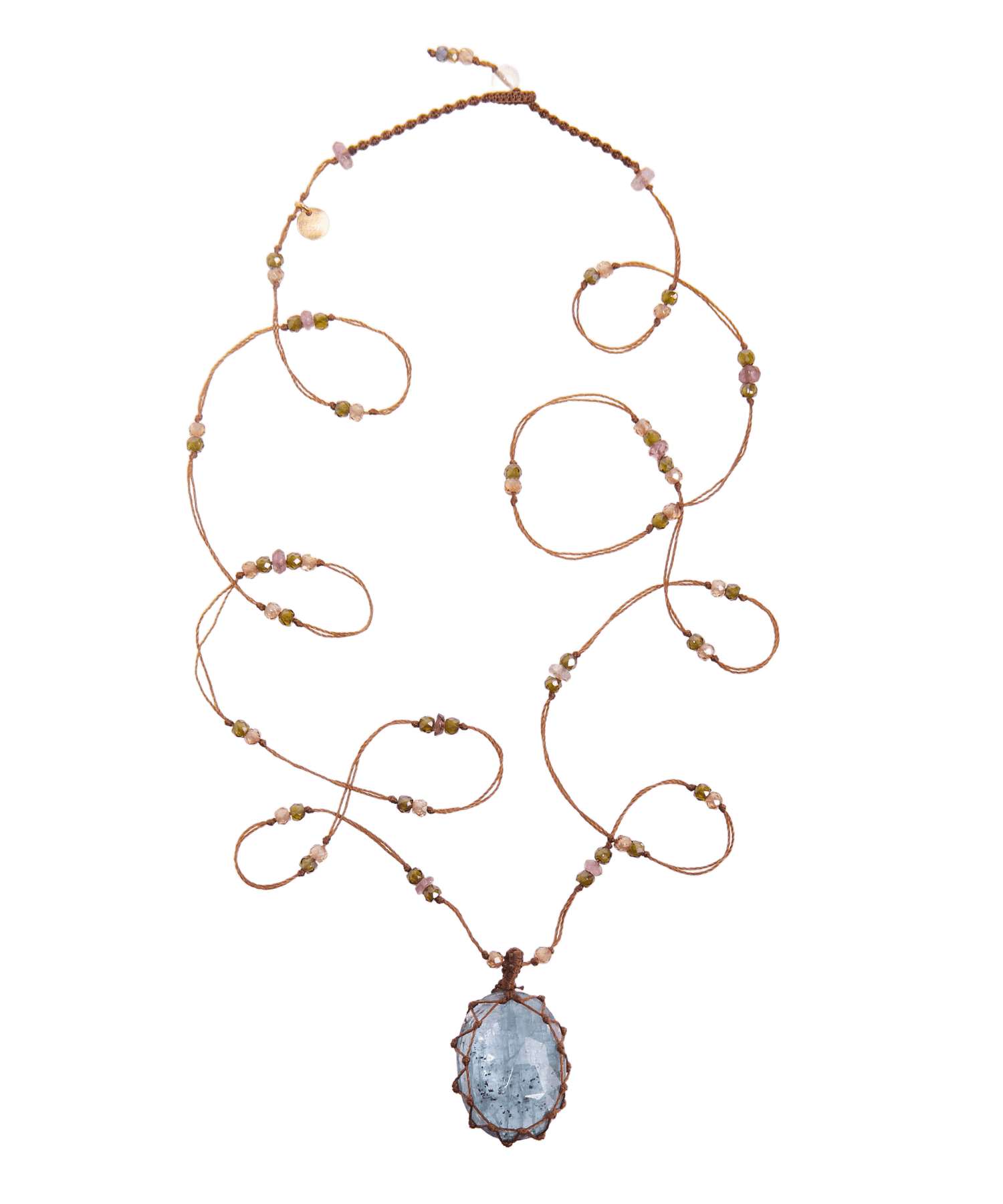 Long Tibetan Necklace - Kyanite Aqua - Mixed Tourmaline - Tobacco Thread