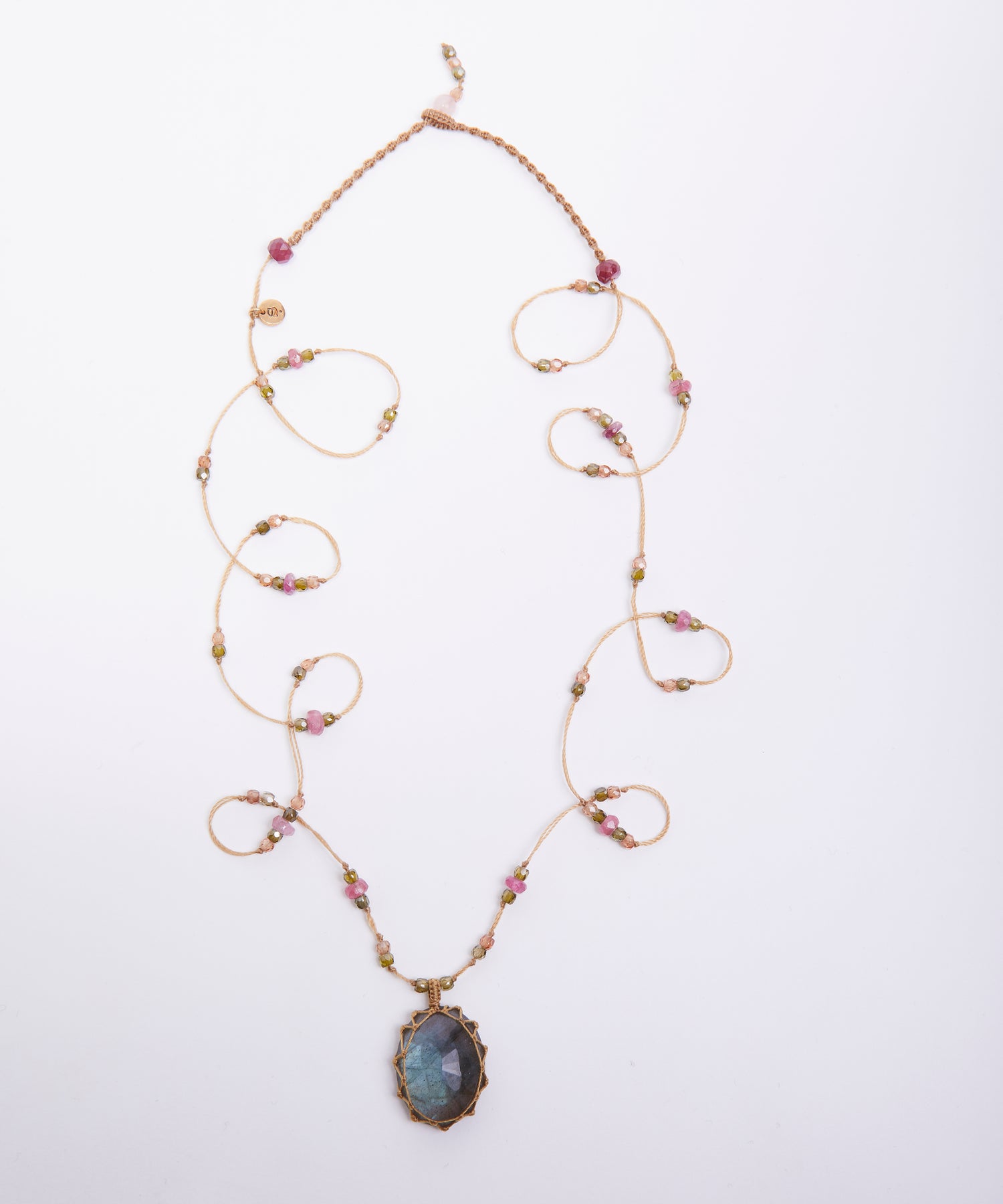 Tibetan Long Necklace - Rutile Gold - Mix Pink Tourmaline - Tabac Thread