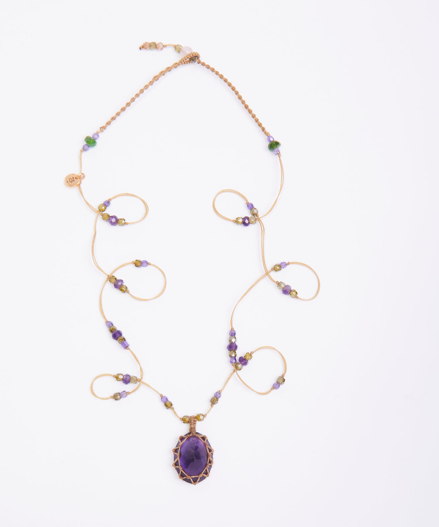 Tibetan Short Necklace - Dark Violet Amethyst - Amethyst Mix - Beige Thread