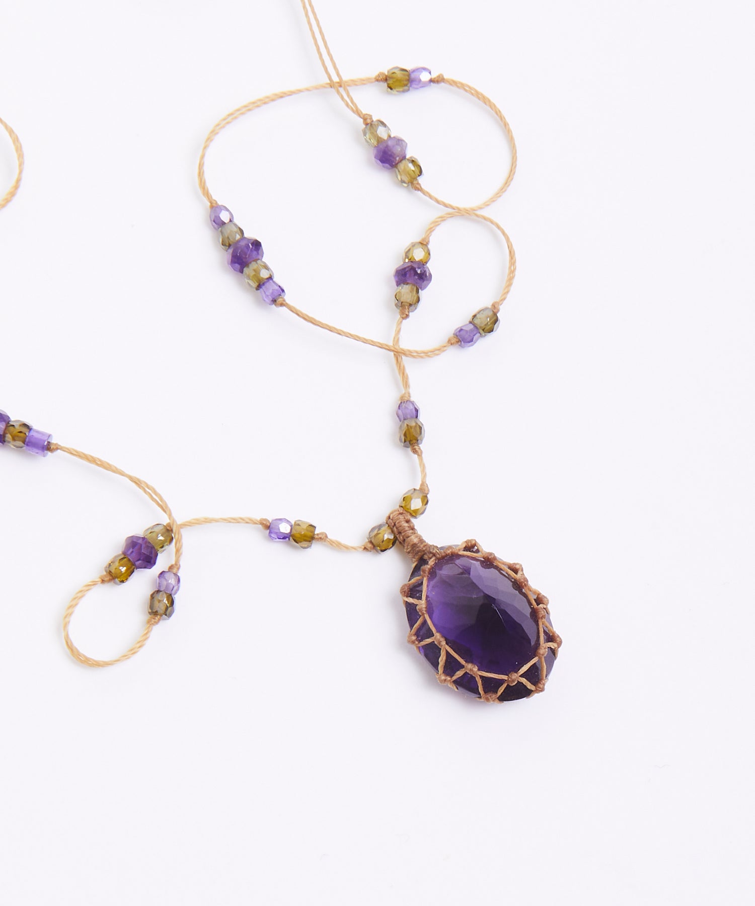 Tibetan Short Necklace - Dark Violet Amethyst - Amethyst Mix - Beige Thread