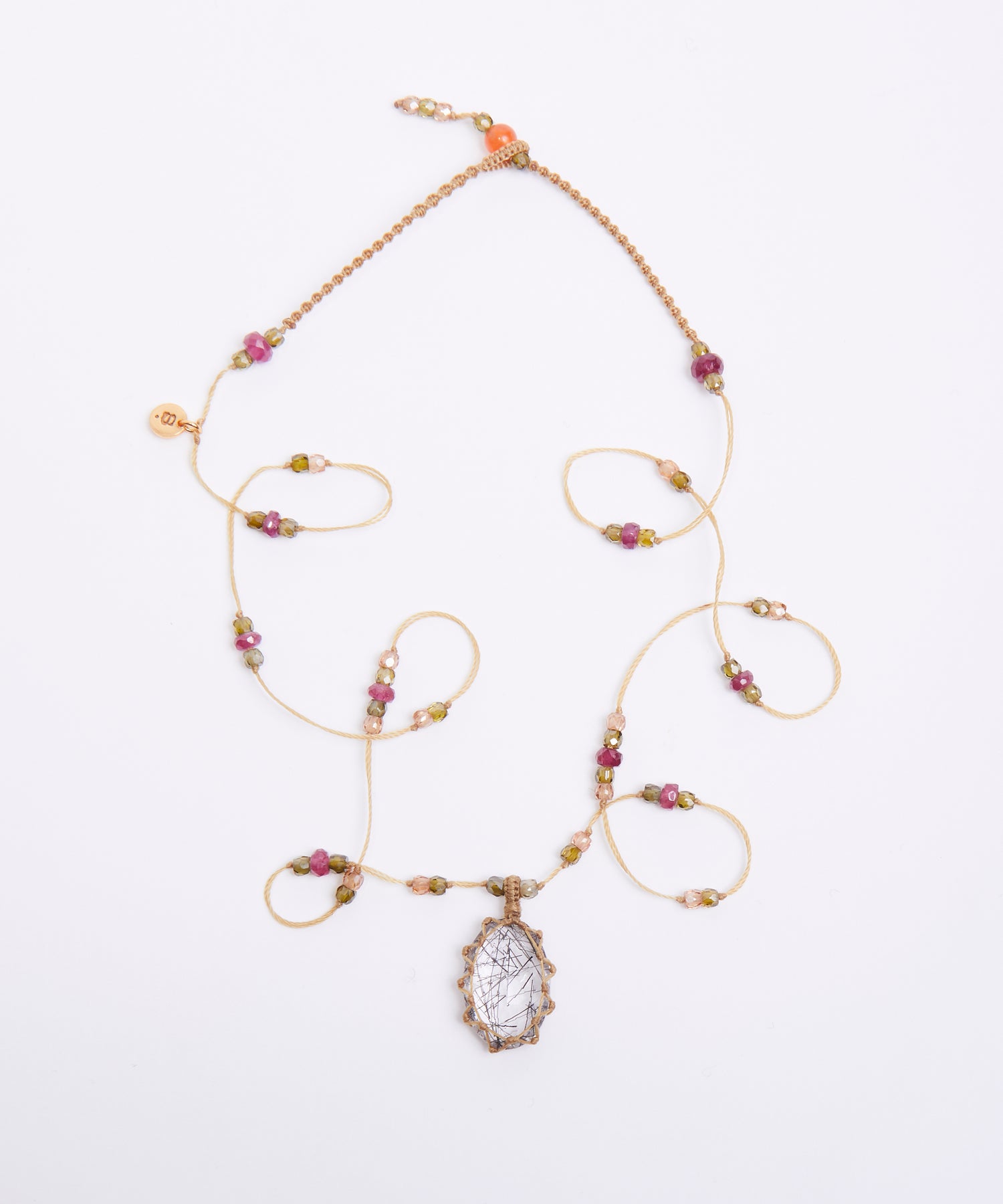 Tibetan Long Necklace - Rutile Gold - Mix Pink Tourmaline - Beige Thread