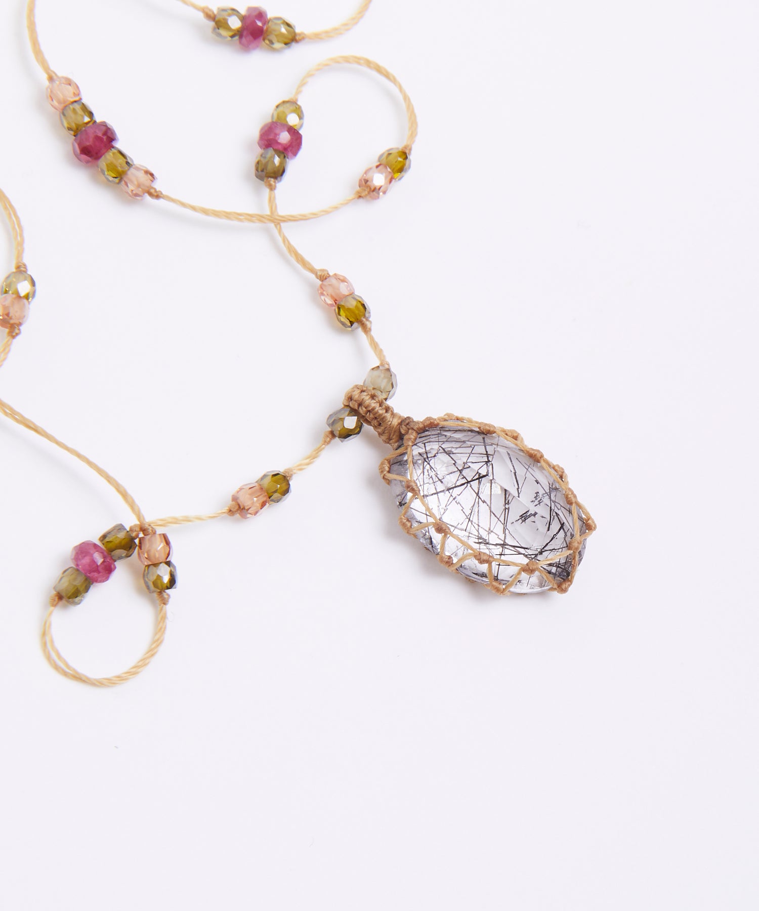 Tibetan Long Necklace - Rutile Gold - Mix Pink Tourmaline - Beige Thread