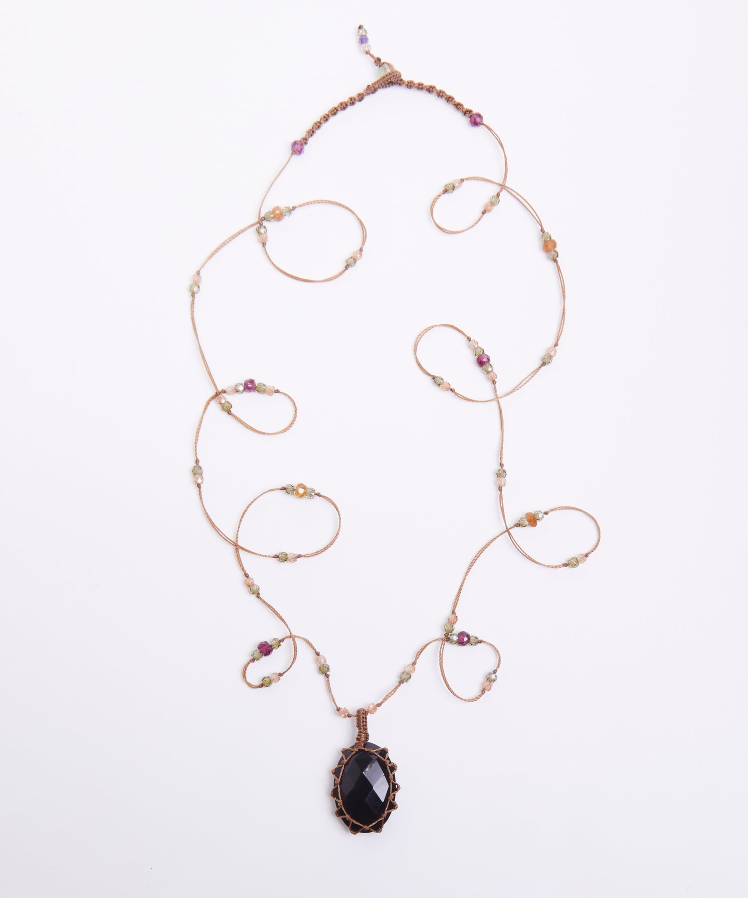 Tibetan Long Necklace - Black Onyx - Mix Multi Stones - Tobacco Thread