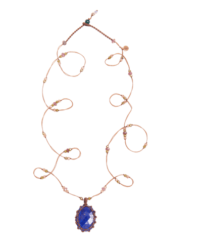 Long Tibetan Necklace - Lapis Lazuli - Mixed Tourmaline - Tobacco Thread