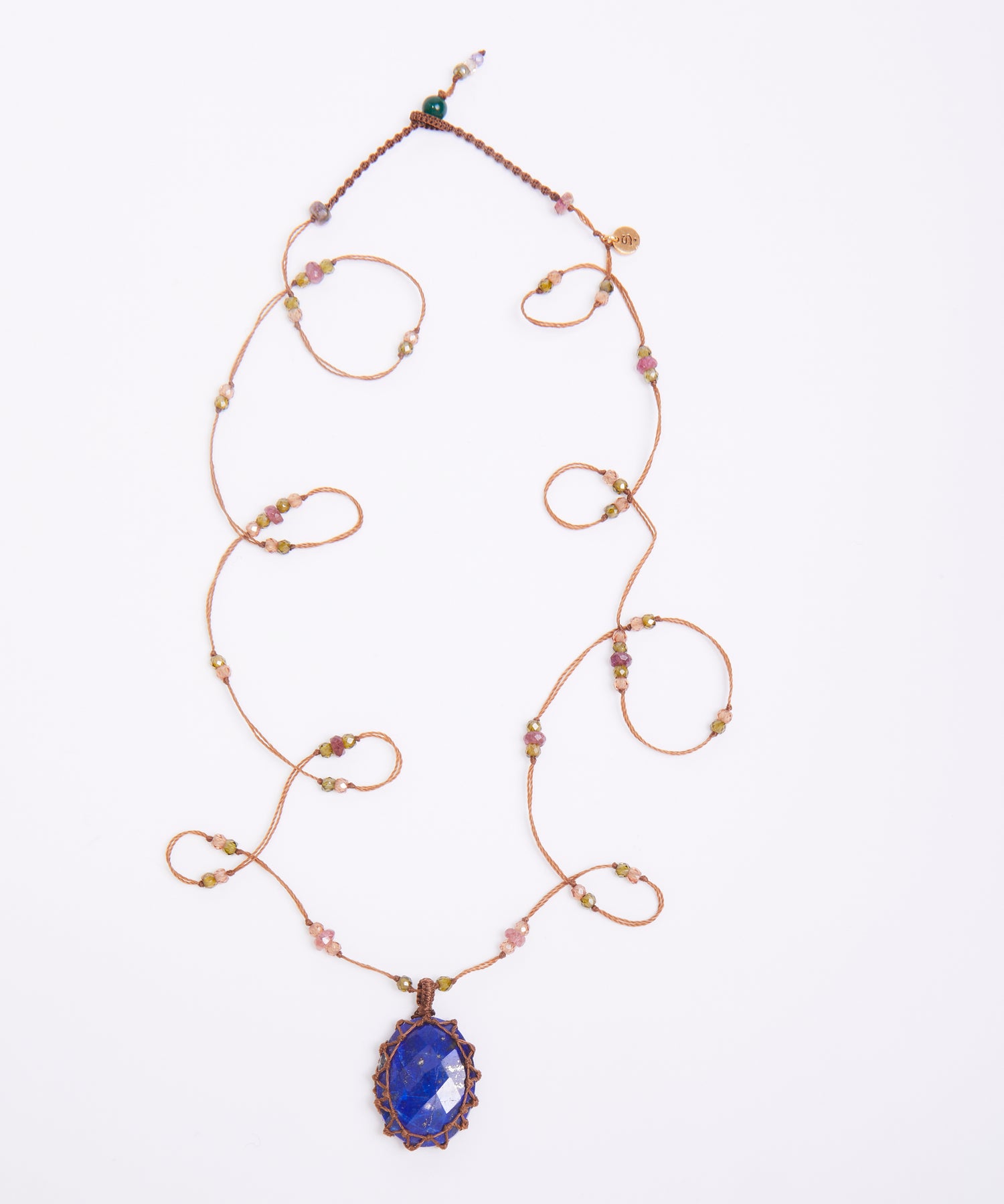 Tibetan Short Necklace - Lapis Lazuli - Mix Tsavorite - Beige Thread