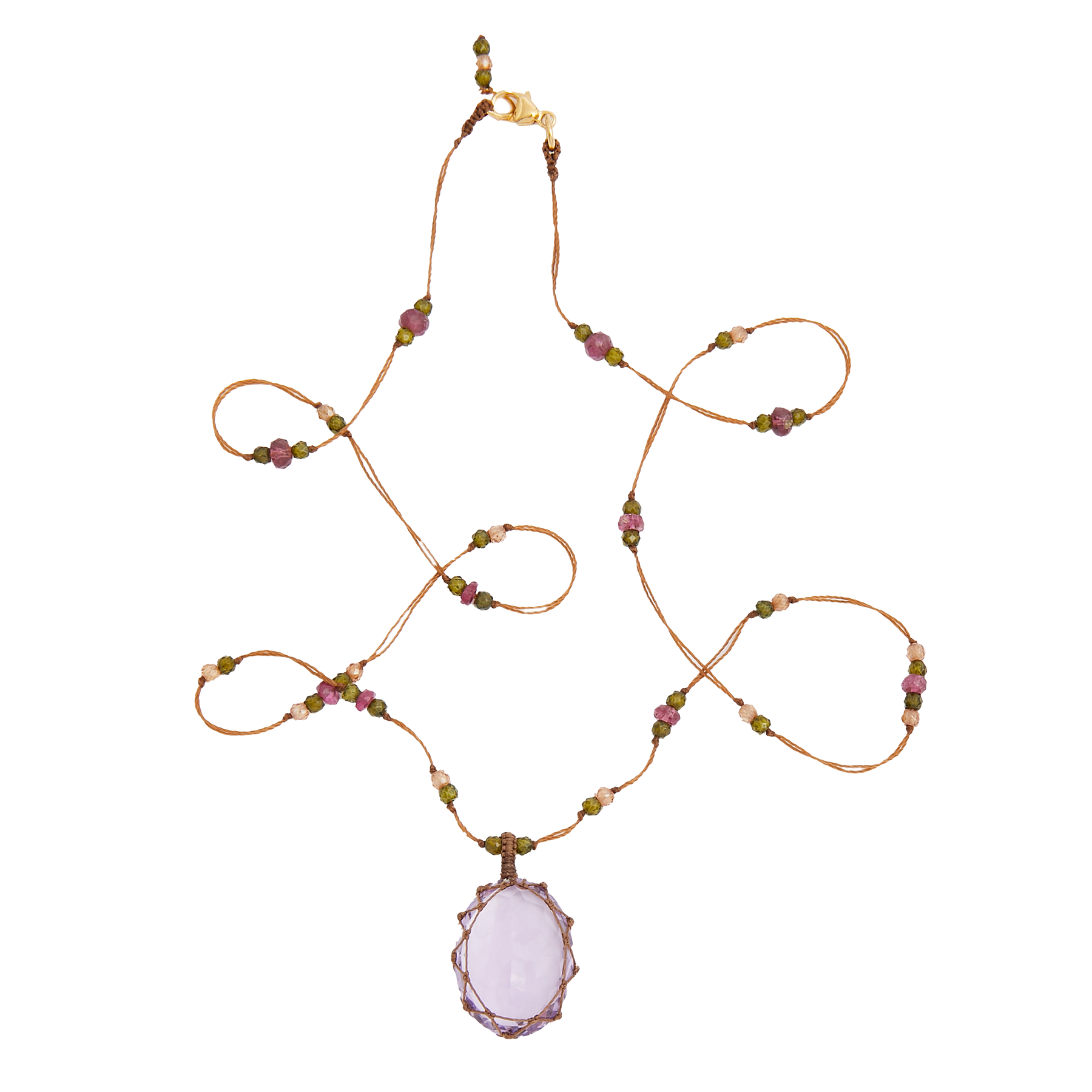 Collier Court Tibétain - Améthyste Violette Claire - Mix Tourmaline Rose - Fil Tabac