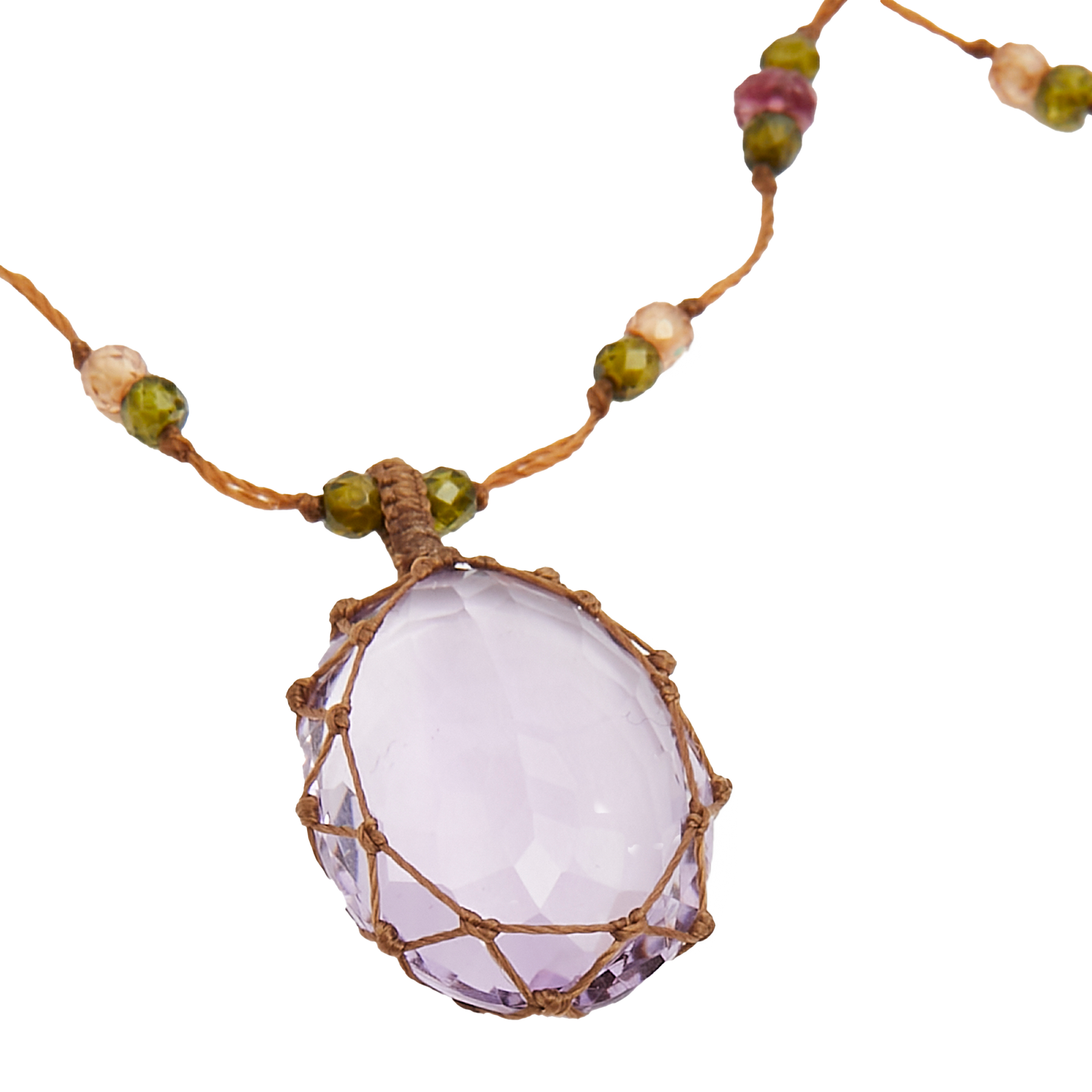 Collier Court Tibétain - Améthyste Violette Claire - Mix Tourmaline Rose - Fil Tabac