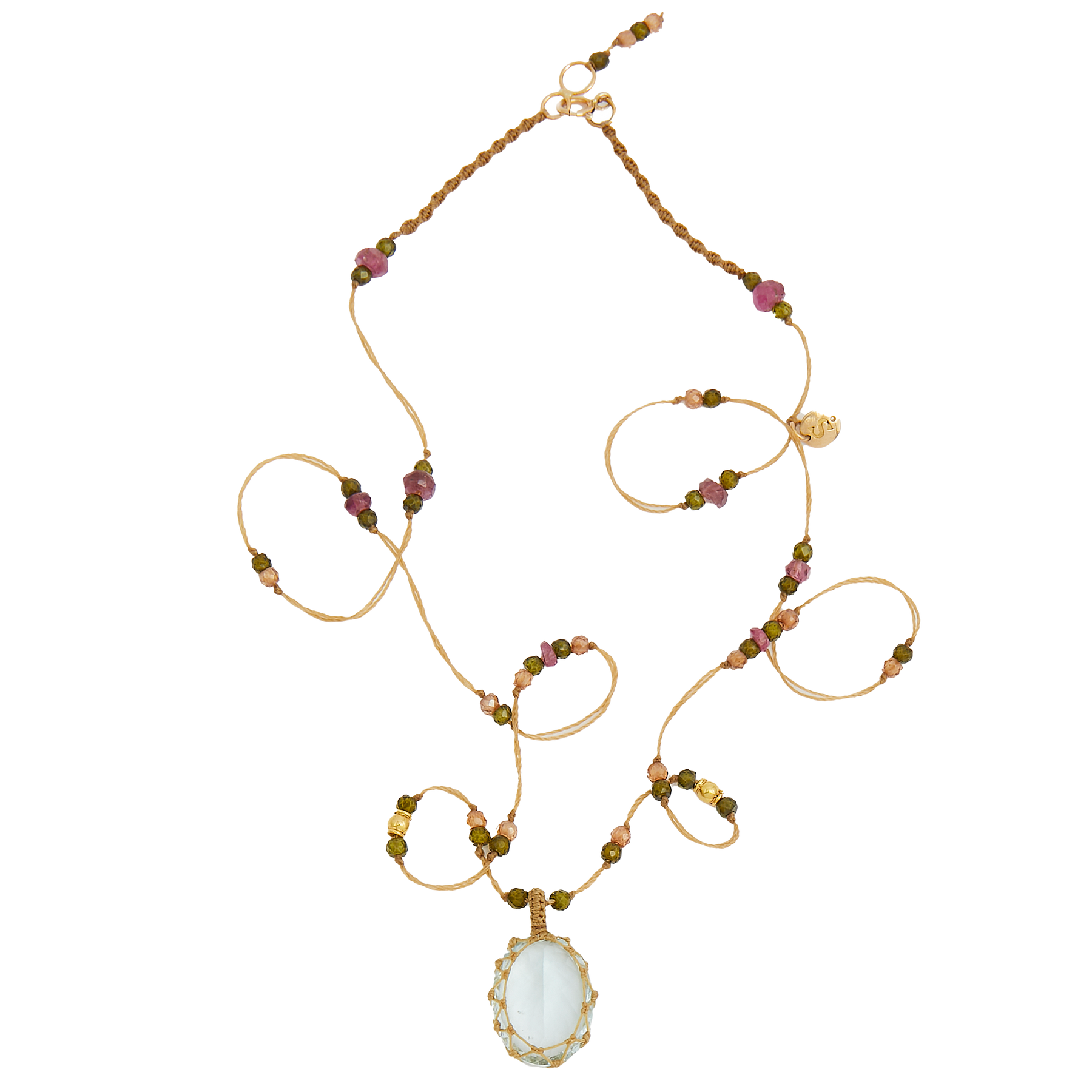 So Precious Collier Court Tibétain - Aigue Marine - Mix Tourmaline Rose - Fil Beige