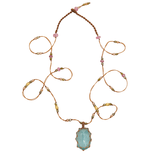 So Precious Collier Court Tibétain - Kyanite Aqua - Mix Tourmaline Rose - Fil Tabac