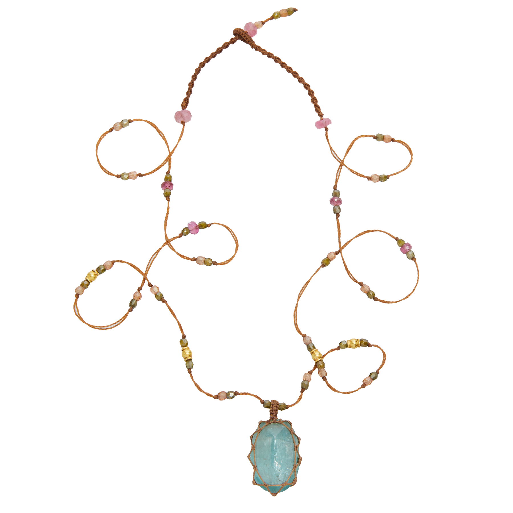 So Precious Collier Court Tibétain - Kyanite Aqua - Mix Tourmaline Rose - Fil Tabac