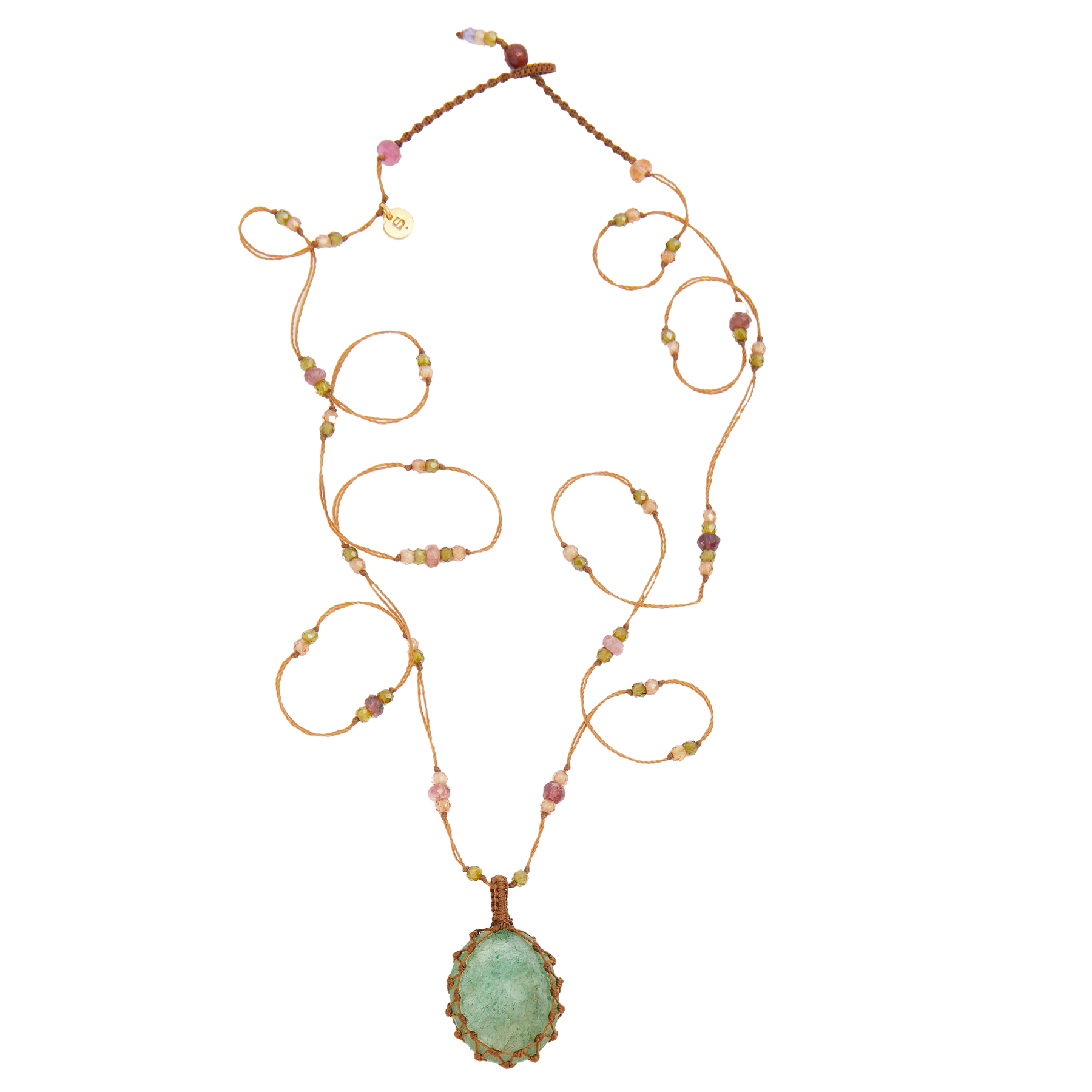 Tibetan Long Necklace - Strawberry Quartz Green - Mix Multi Stones - Tobacco Thread