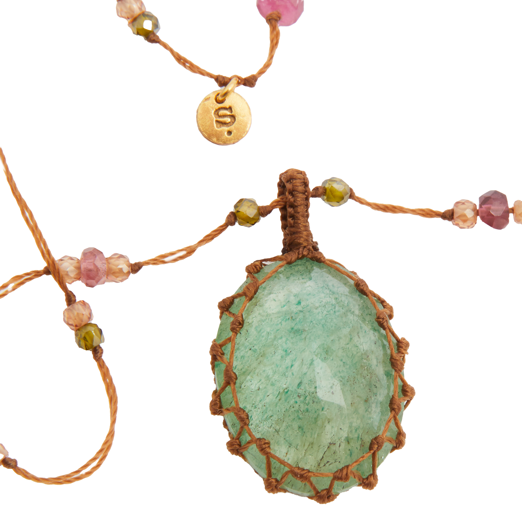 Tibetan Long Necklace - Strawberry Quartz Green - Mix Multi Stones - Tobacco Thread