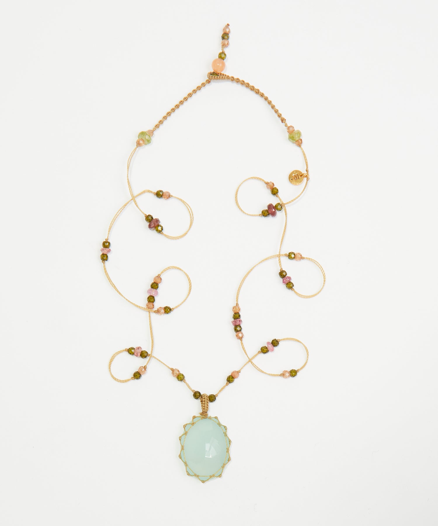 Collier Court Tibétain  - Calcédoine Bleue - Mix Tourmaline - Fil Beige