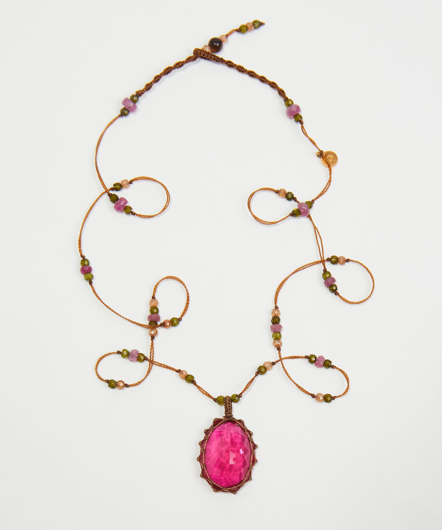 Collier Court Tibétain - Indian Glass Rose - Mix Tourmaline Rose - Fil Tabac